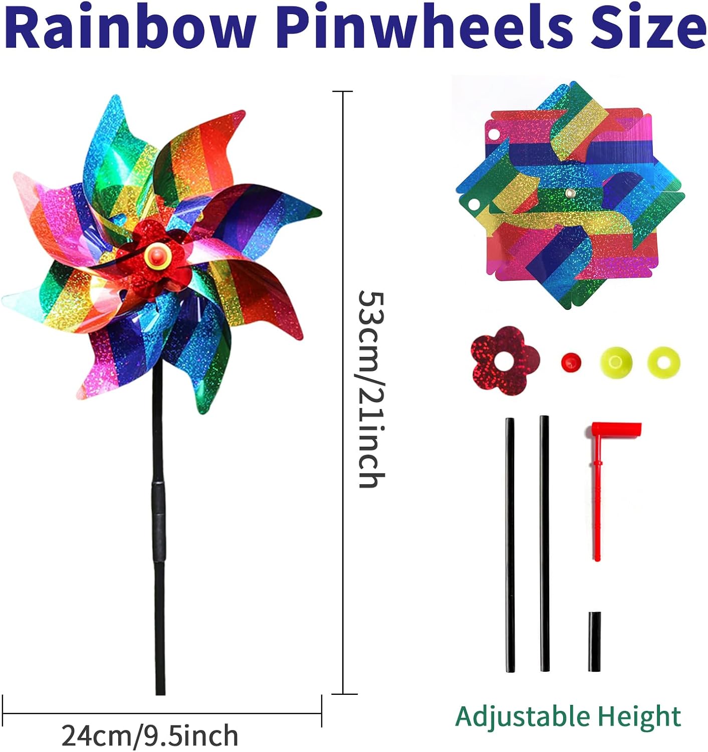 10 Pieces 21 Inches Rainbow Reflective Pinwheels with Stakes Windmill Wind Spinners Outdoor for Yard Garden Lawn Farm Decor Bird Repellent, Large Plastic Foil Pin Wheels for Birds Animal Deterrent