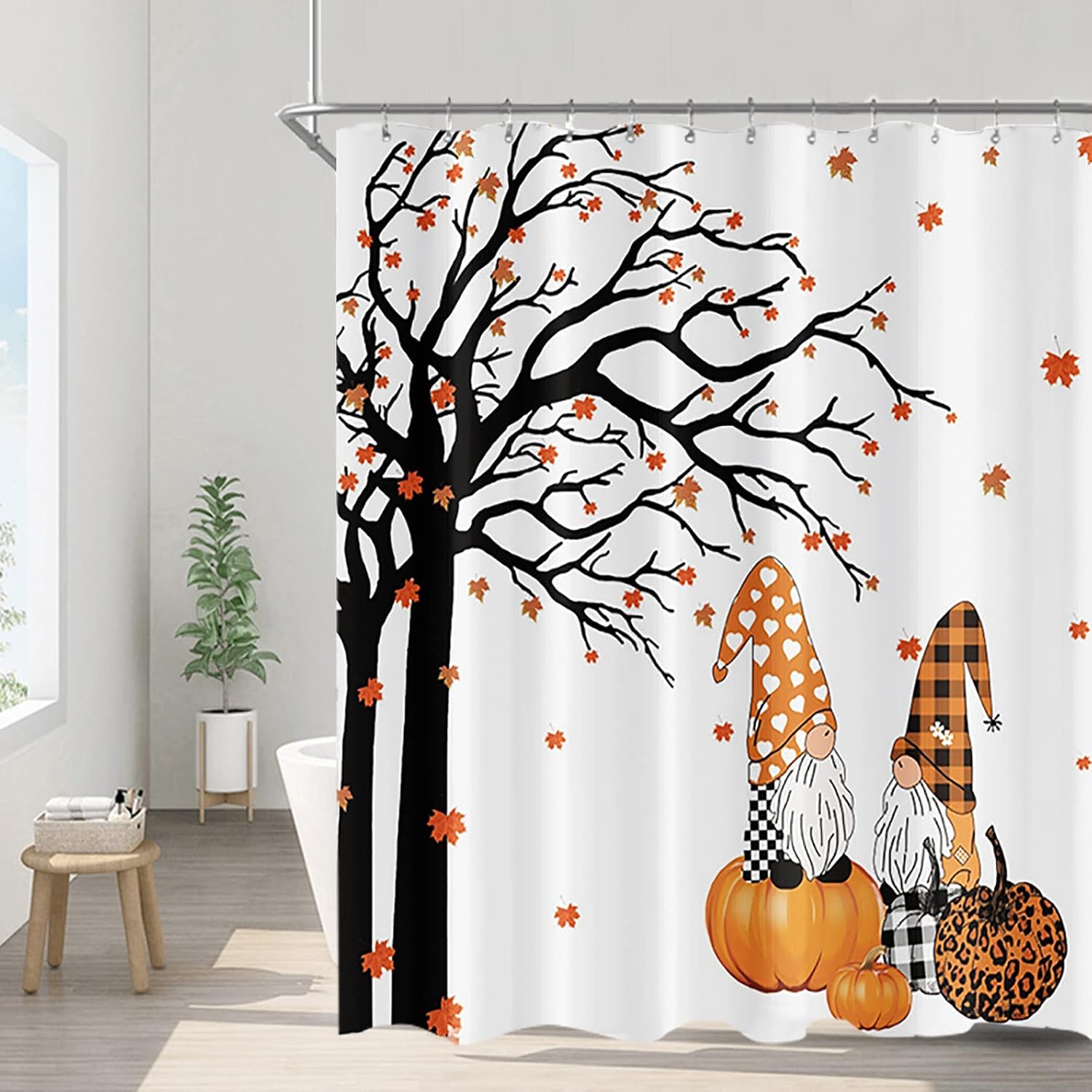 Fall Shower Curtains for Bathroom Farmhouse Autumn Leaves and Gnomes Sitting on Pumpkins Thanksgiving Bathroom Decor Polyester Fabric Waterproof with Hooks 72x72 inch