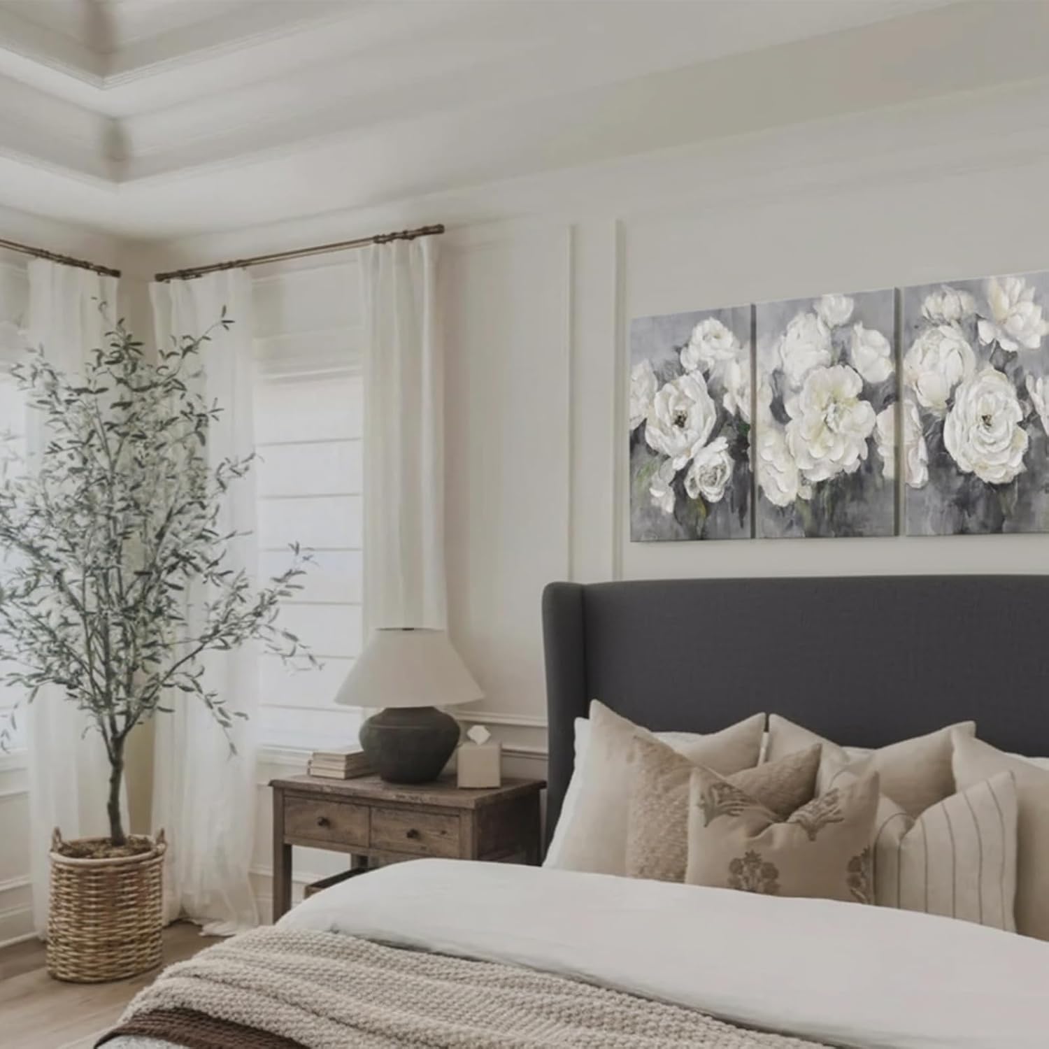 zessonic gray and white floral wall art textured set of 3 flowers painting canvas neutral prints aesthetic botanical wall decor nature pictures living room bedroom bathroom office 16"x24"x3pcs 16" x 24" x3 neutral