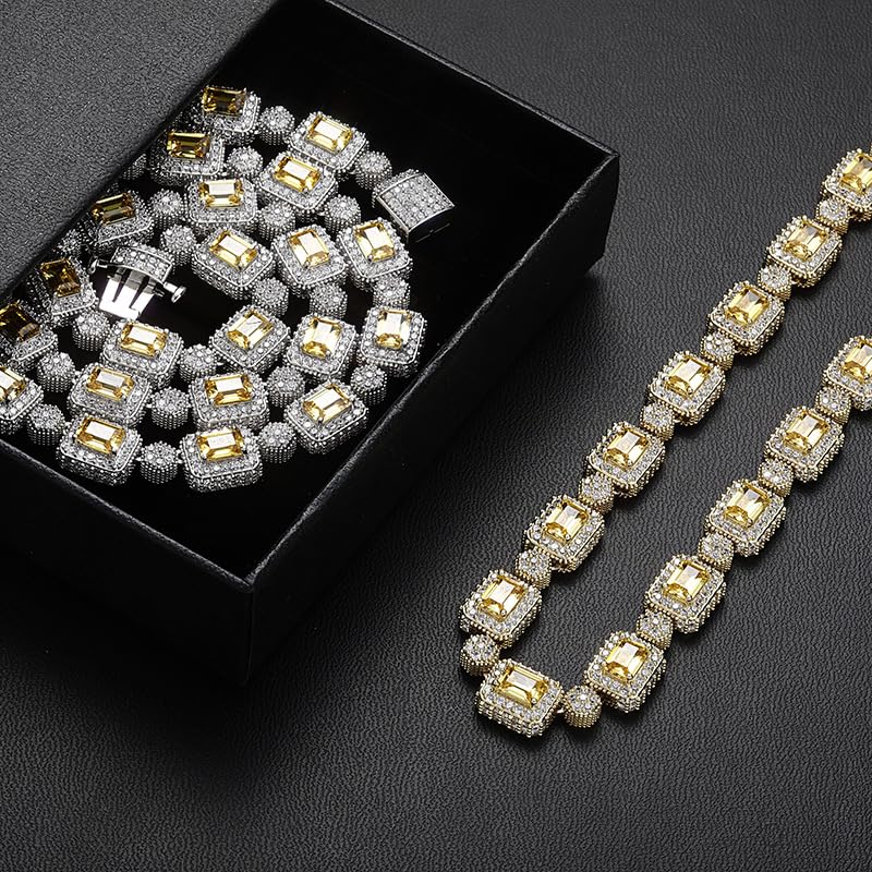 Solid Gold over S925 Sterling Silver Square Moissanite Yellow Gemstone Necklace, Hip Hop Tennis Chain, Men's Fashion Gift - Image 6