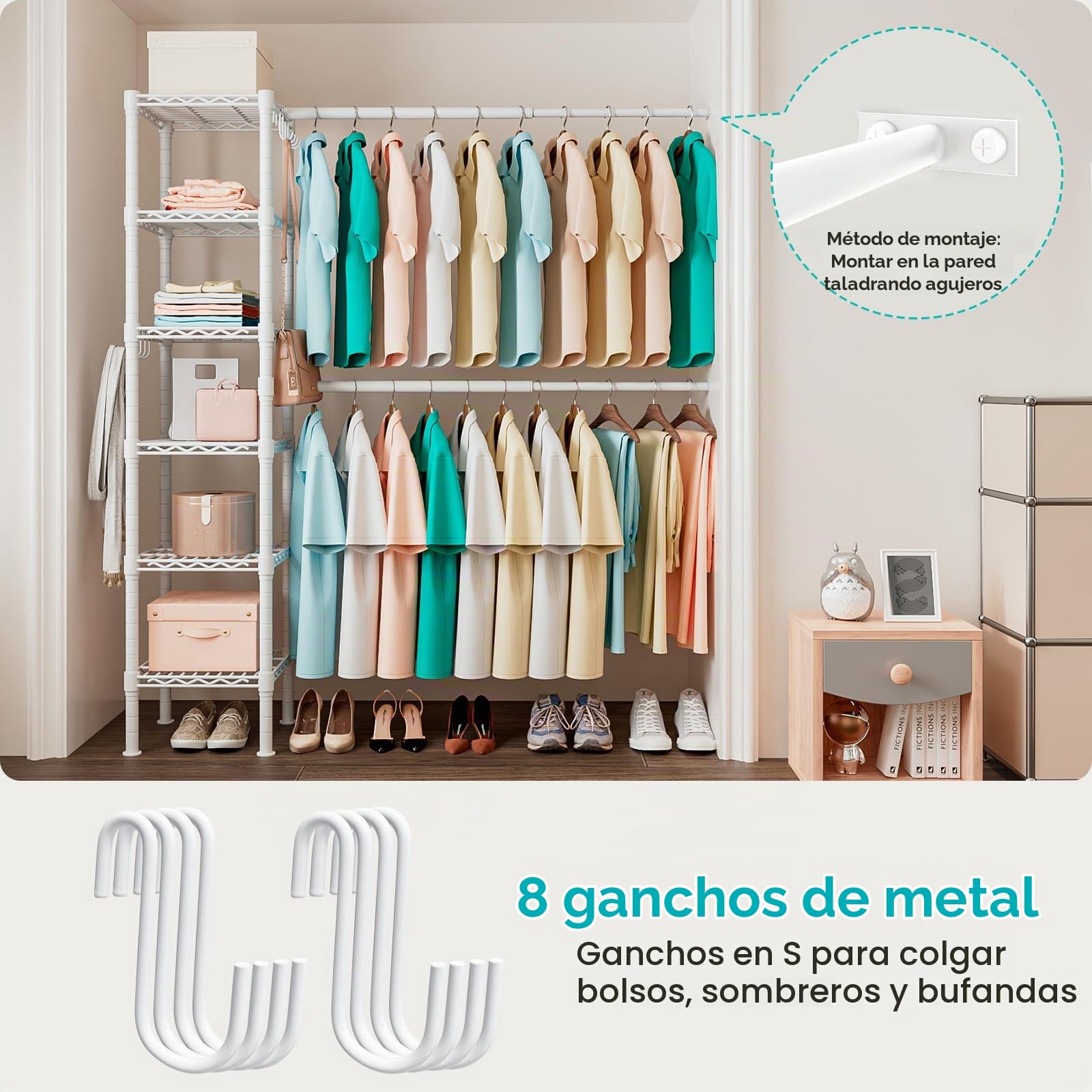 Armario Abierto Extensible con 3 Barras y 6 Estantes | Vestidor para Dormitorio, Blanco, 177–277 × 35 × 181 cm