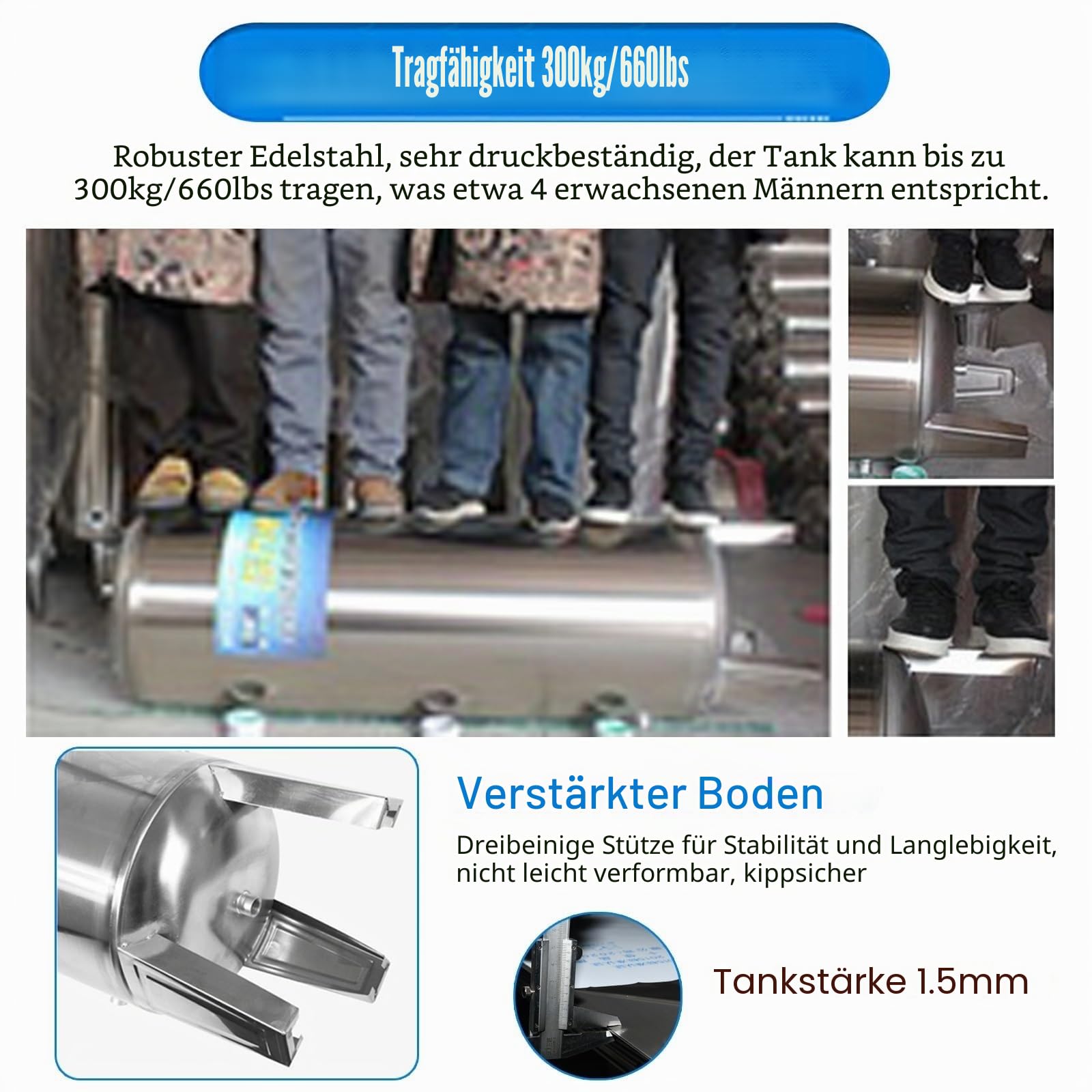 Druckbehälter Druckkessel Tragbarer Wasserspeicher 50, 100, 120, 150, 200, 300 l, Vertikale Druckwassertanks aus Edelstahl 304, Große Wasserbehälter für Warmwasserbereiter(15.9Gal/60L)