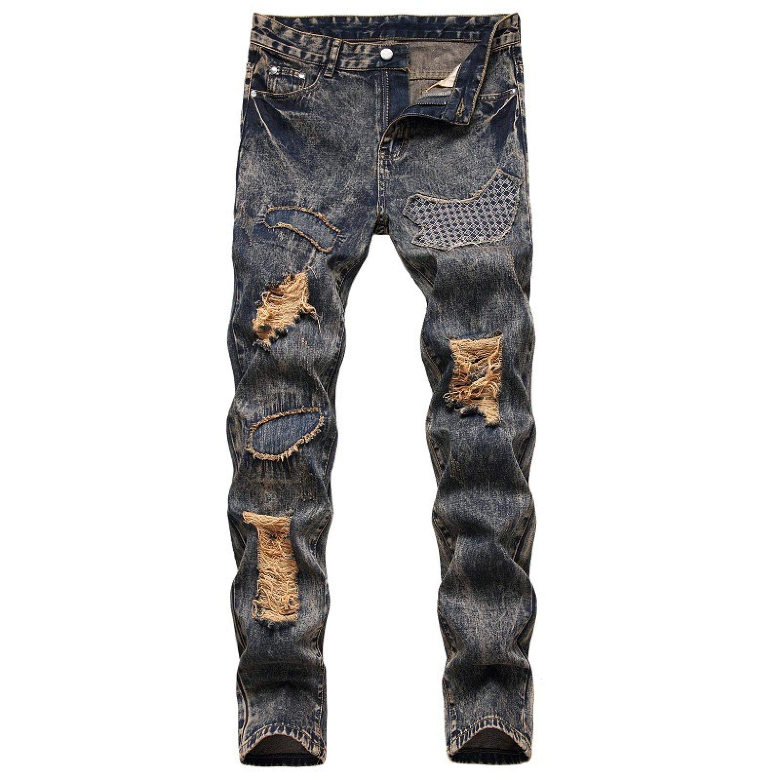 WQZYY&ASDCD Jeans Pantalon Herren Solid Street Hip Hop Punk Stretch Bike Jeans Mit Zerrissenen Löchern Trendy Classic Straight Denim Hose