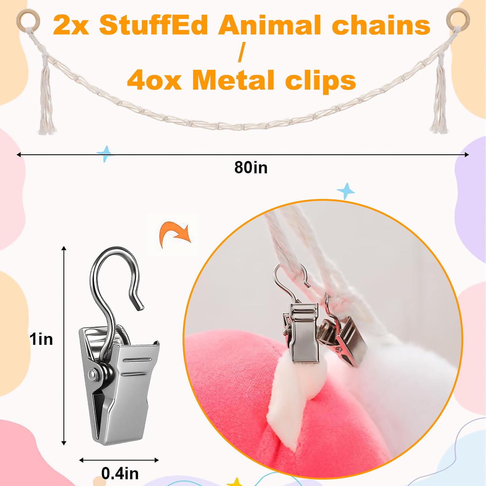 Catene Portaoggetti Per Peluche Con 8 Clip In Metallo, Organizer Appendiabiti Per Bambole, Sciarpe E Cappelli (nero, 65 Cm, 2 Pezzi) - 5