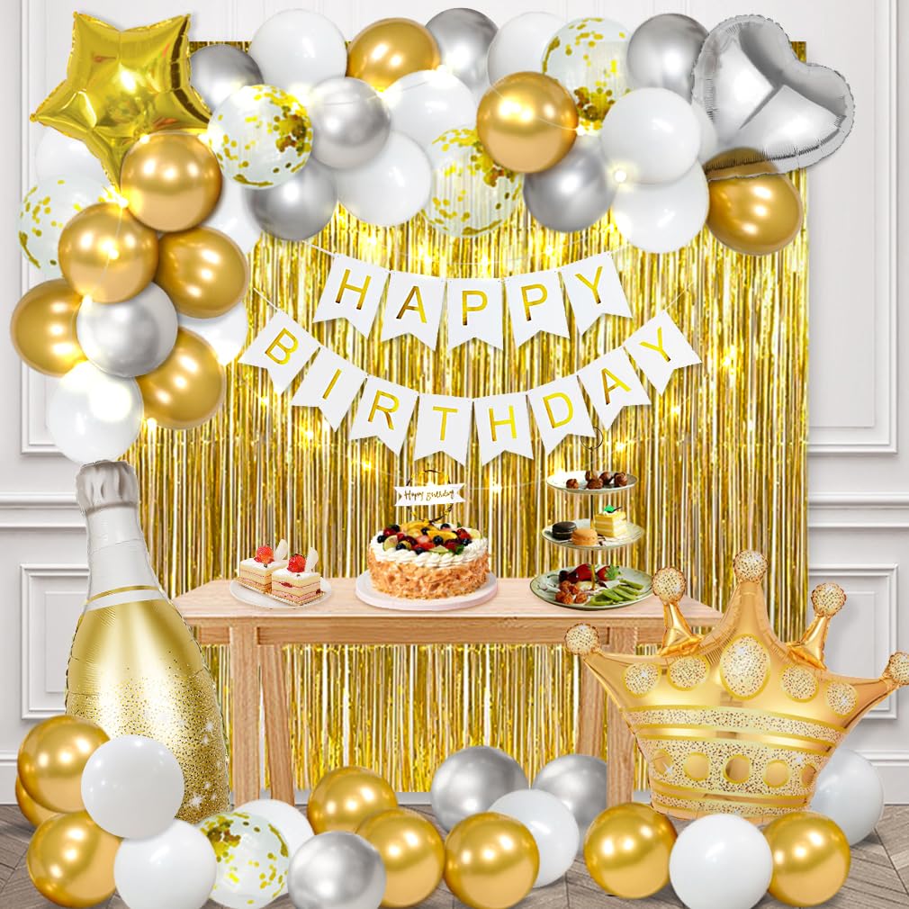 MSMANCY White and Gold Birthday Decorations with Happy Bithday Banner, Curtains, Bottle, Crown, Heart Star Balloons and LED light for Birthday Party