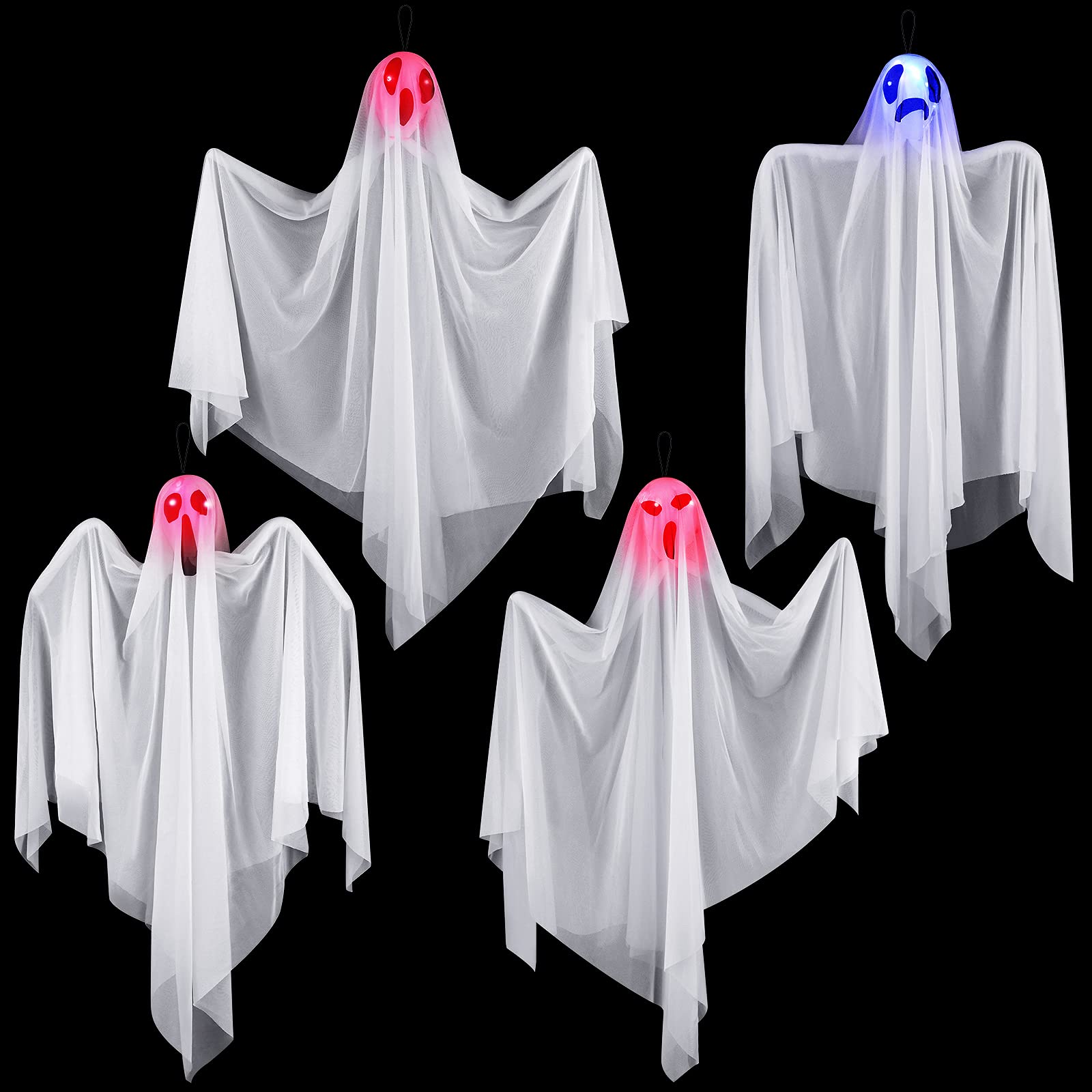 Fovths 4 Pieces Halloween Hanging Ghost with LED Decorative Light Flying Ghost Ornament Halloween Hanging Ghost Decoration for Tree Window Patio Lawn Garden Ornaments Halloween Party Decor