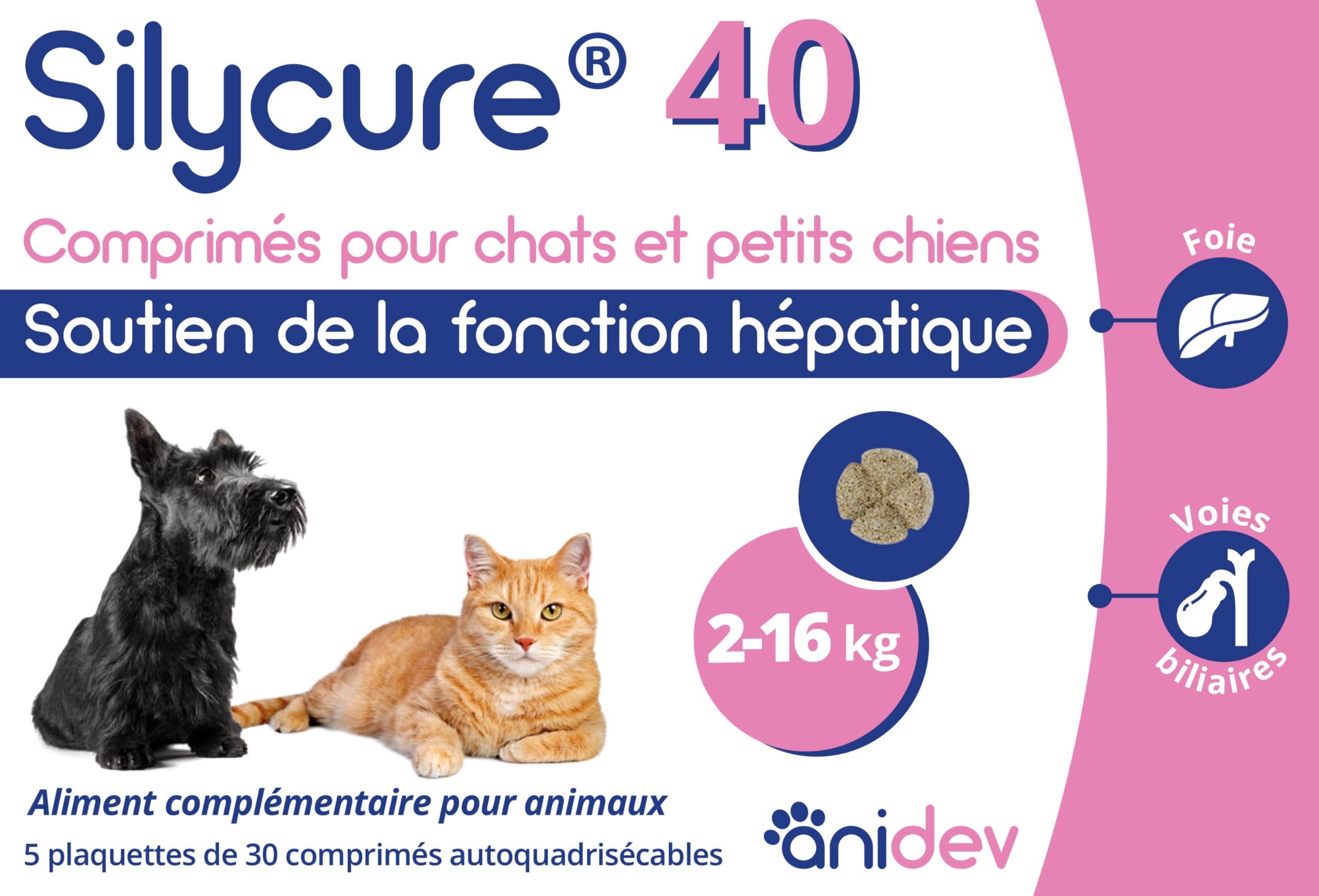 Anidev Silycure 40 - Complément Soutient Hépatique Chien Chat - 150 CP | Aliment Complémentaire - Formule d'Origine Naturelle Silybine Chardon Marie - Idéal Petit Chien & Chat -Cp Sécables Appétents