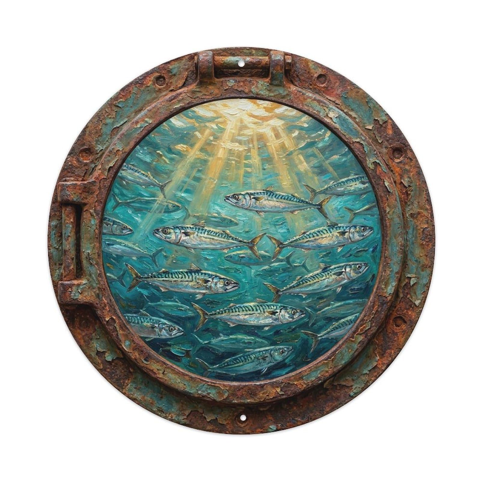 Vintage Porthole Mackerel Silver Ship Window Under Deep Metal Tin Sign
