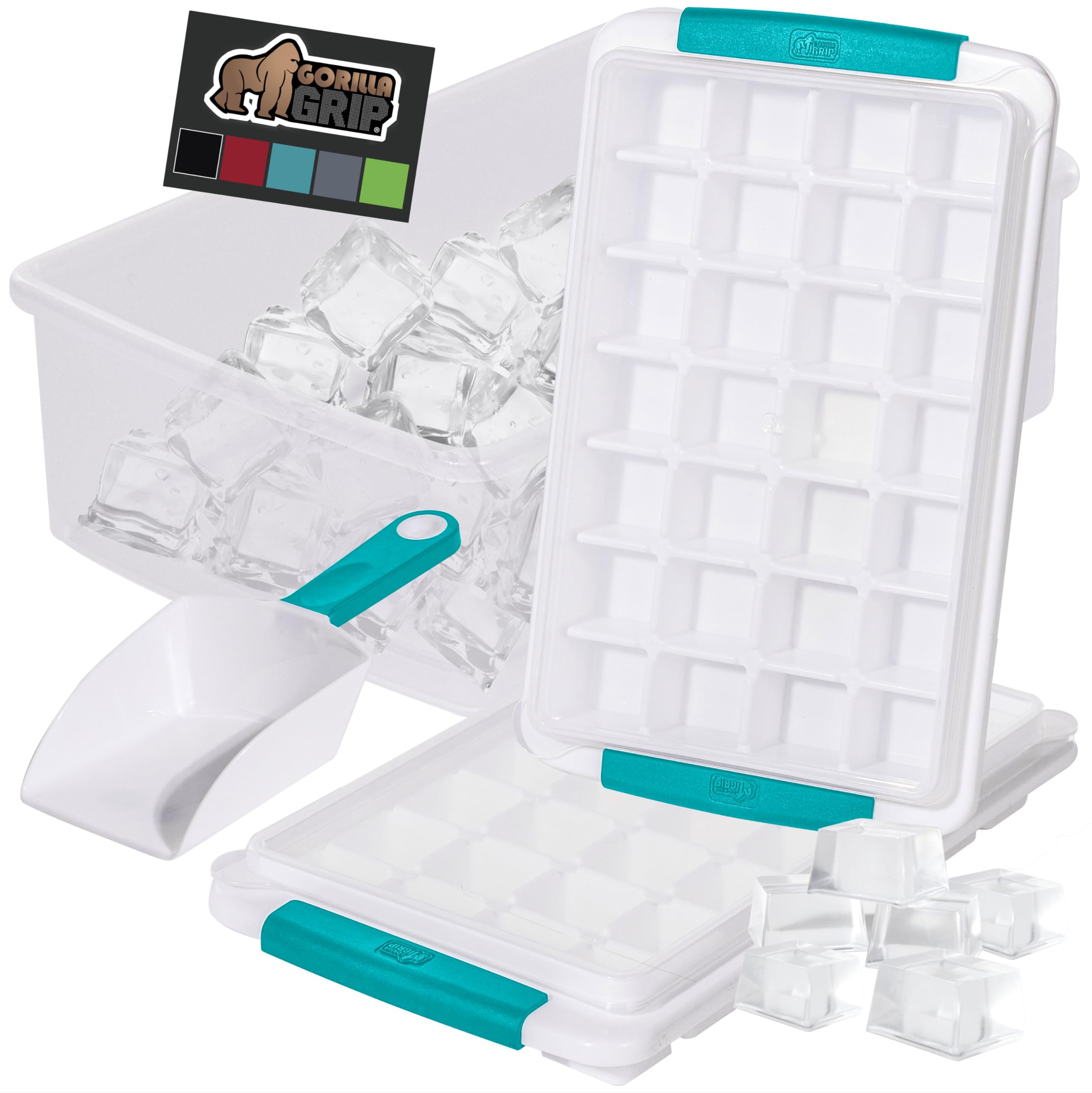 BPA-Free Easy Release Ice Cube Tray for Freezer, Make Lots of Ice, 56 Cubes Total, Kit Includes 2 Stackable Leakproof Trays with Lid and Soft Handle Grips, Scooper, Bin, Turquoise