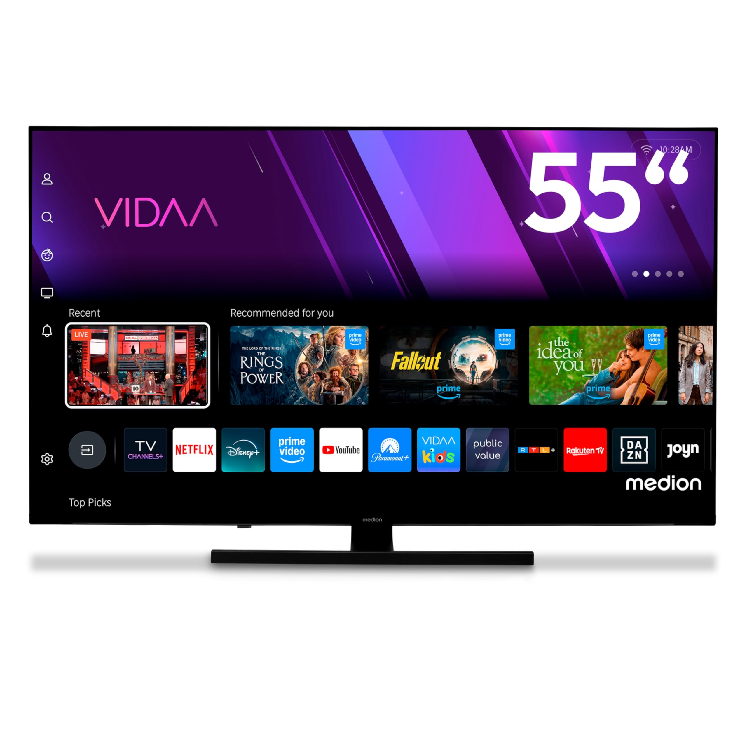 MEDION 138,8 cm (55 Zoll) QLED Fernseher (Smart-TV, Dolby Vision HDR, VIDAA Store, Prime Video, Disney+, DAZN, Paramount+, DTS X, Dolby Atmos, PVR, Bluetooth, MD 855600)