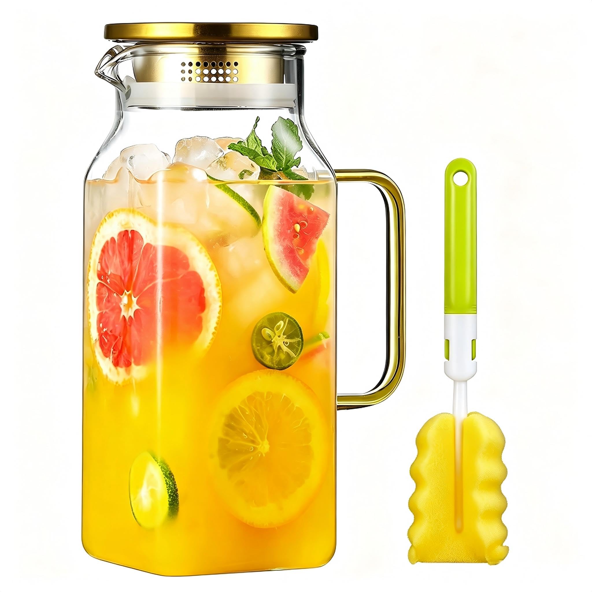 40 oz,2Liter Square Glass Pitcher with Lid and Spout, Water Pitchers with Handle for Fridge, Borosilicate Glass Carafe for Hot/Cold Drink, Large Jug for Iced Tea, Coffee, Beverage, Cold