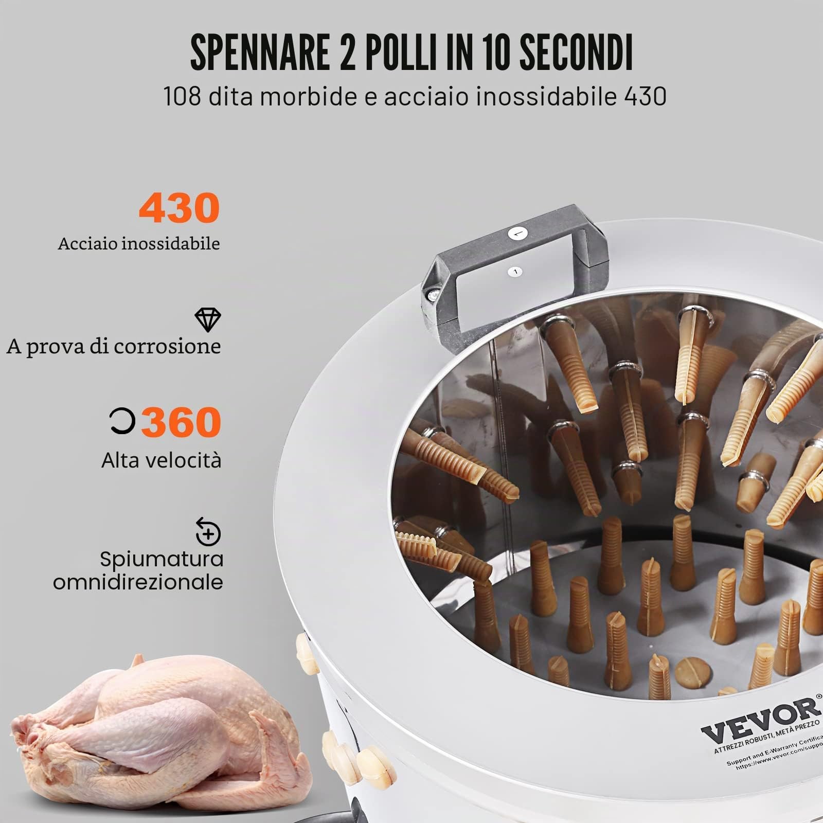 VEVOR Spiumatrice per Polli 500W, Spiumatrice per Polli con Tamburo in Acciaio Inossidabile 501x393mm, Attrezzatura per Pelare con 108 Dita Morbide, Spiumatrice per Pollame