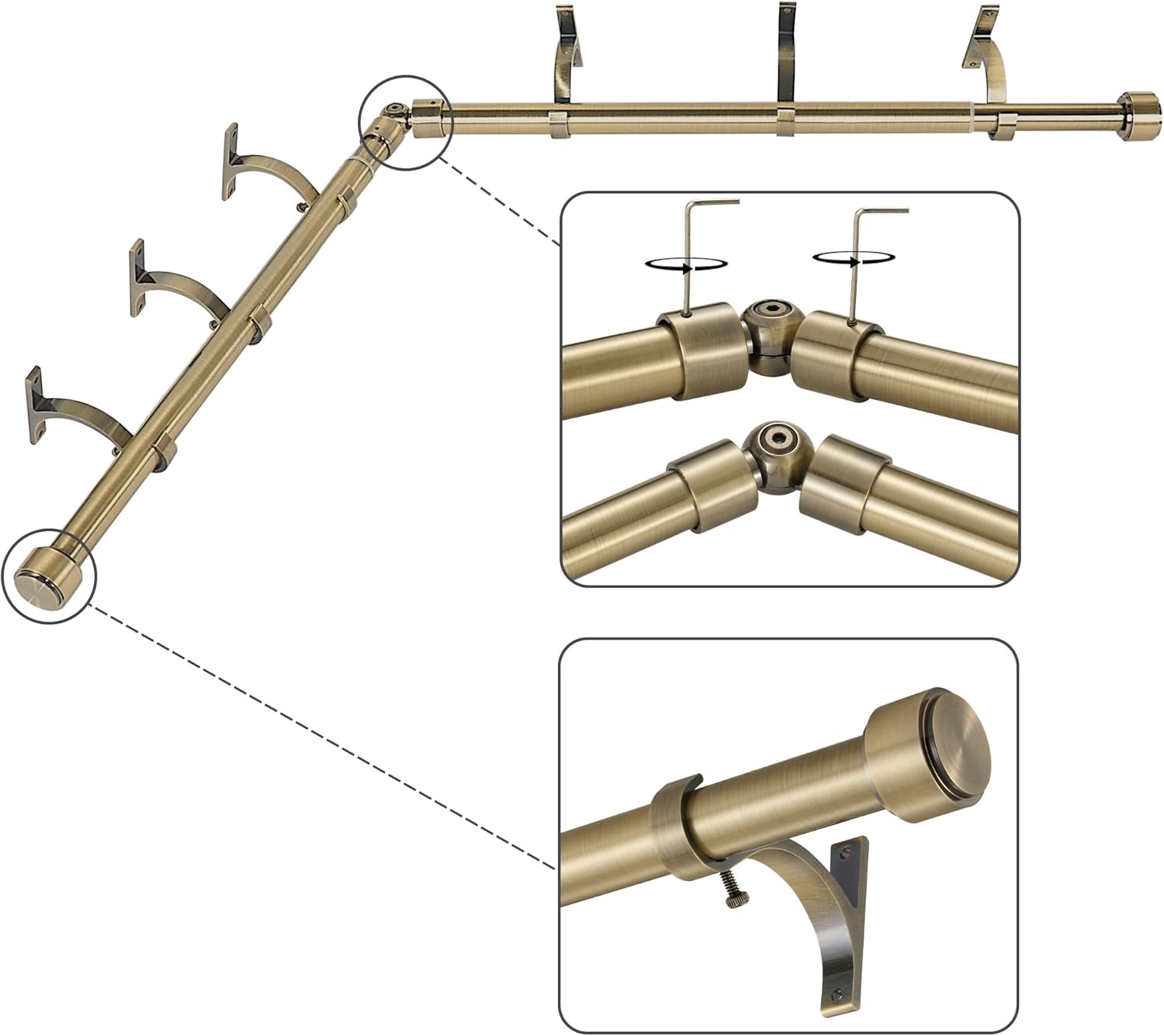Antique Bronze Corner Window Curtain Rods with Aluminum End Cap Finials and Brackets,1 Inch Diameter Bay Window Curtain Rods,2 Sided 36-72 Inch Adjustable Drapery Rod 36-72"&36-72"(2 Sided) Antique Bronze