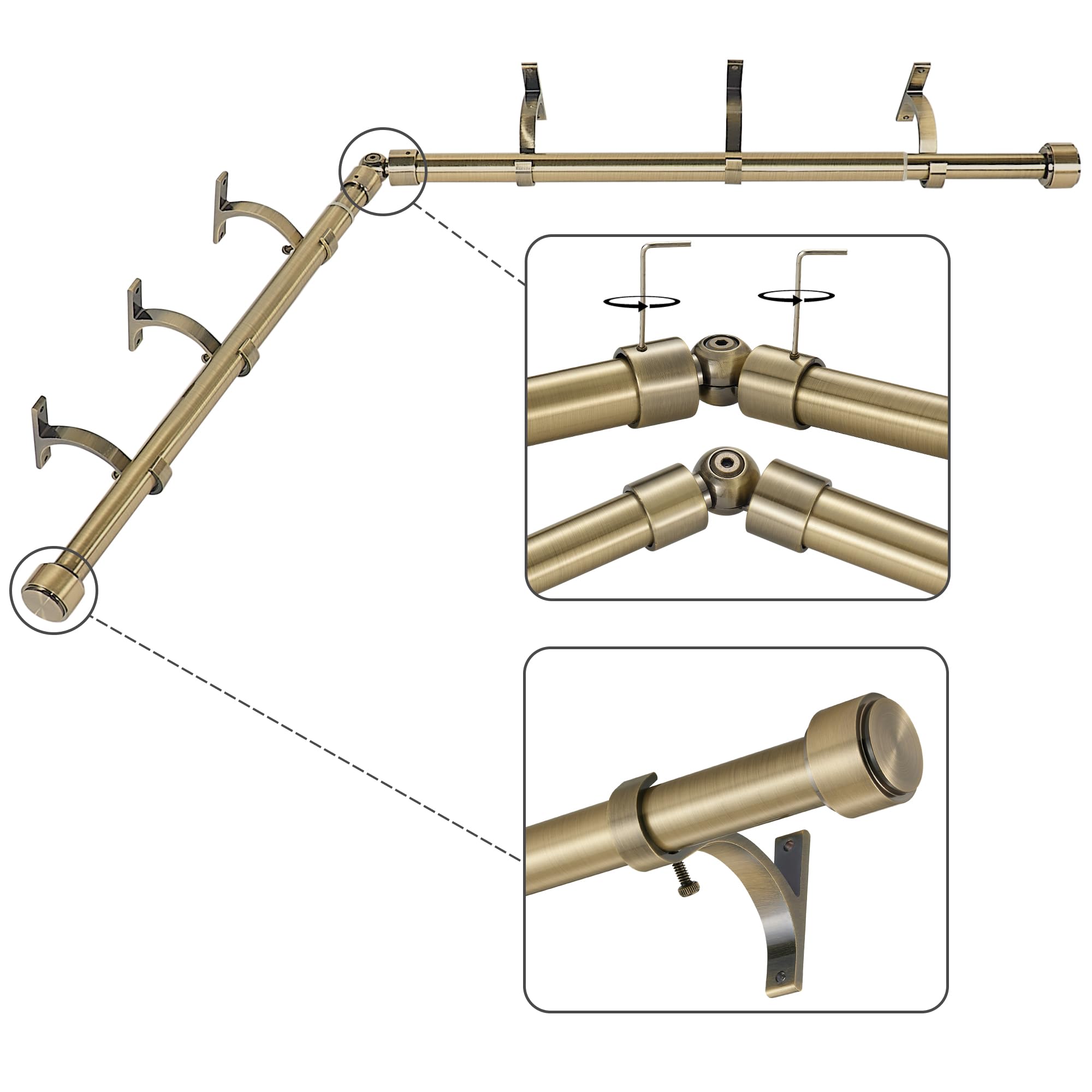 Antique Bronze Corner Window Curtain Rods with Aluminum End Cap Finials and Brackets,1 Inch Diameter Bay Window Curtain Rods,2 Sided 36-72 Inch Adjustable Drapery Rod