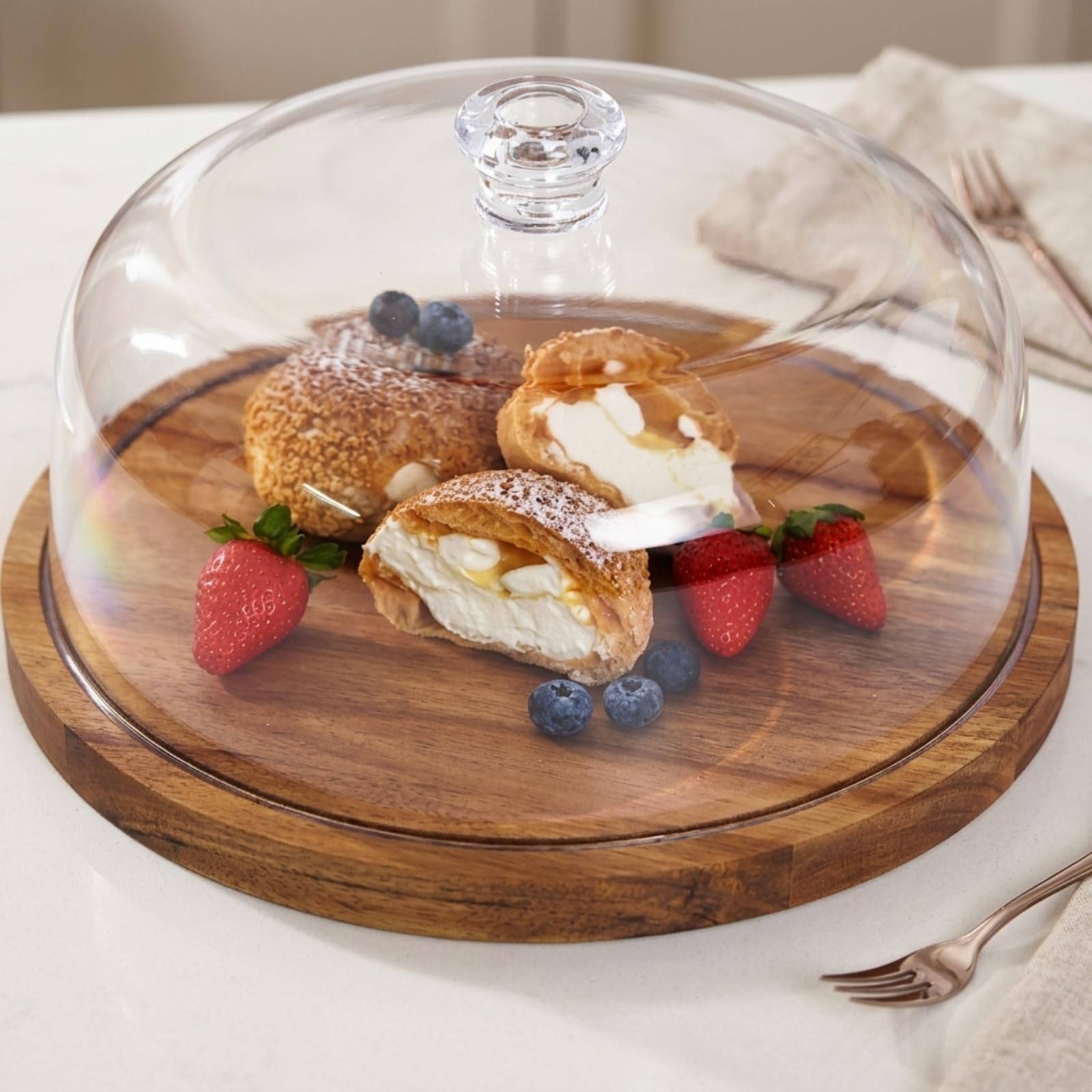 Alzata con Campana in Legno | Torta con Cupola Trasparente, Stabile, per Pasticceria, Tavola, Collo