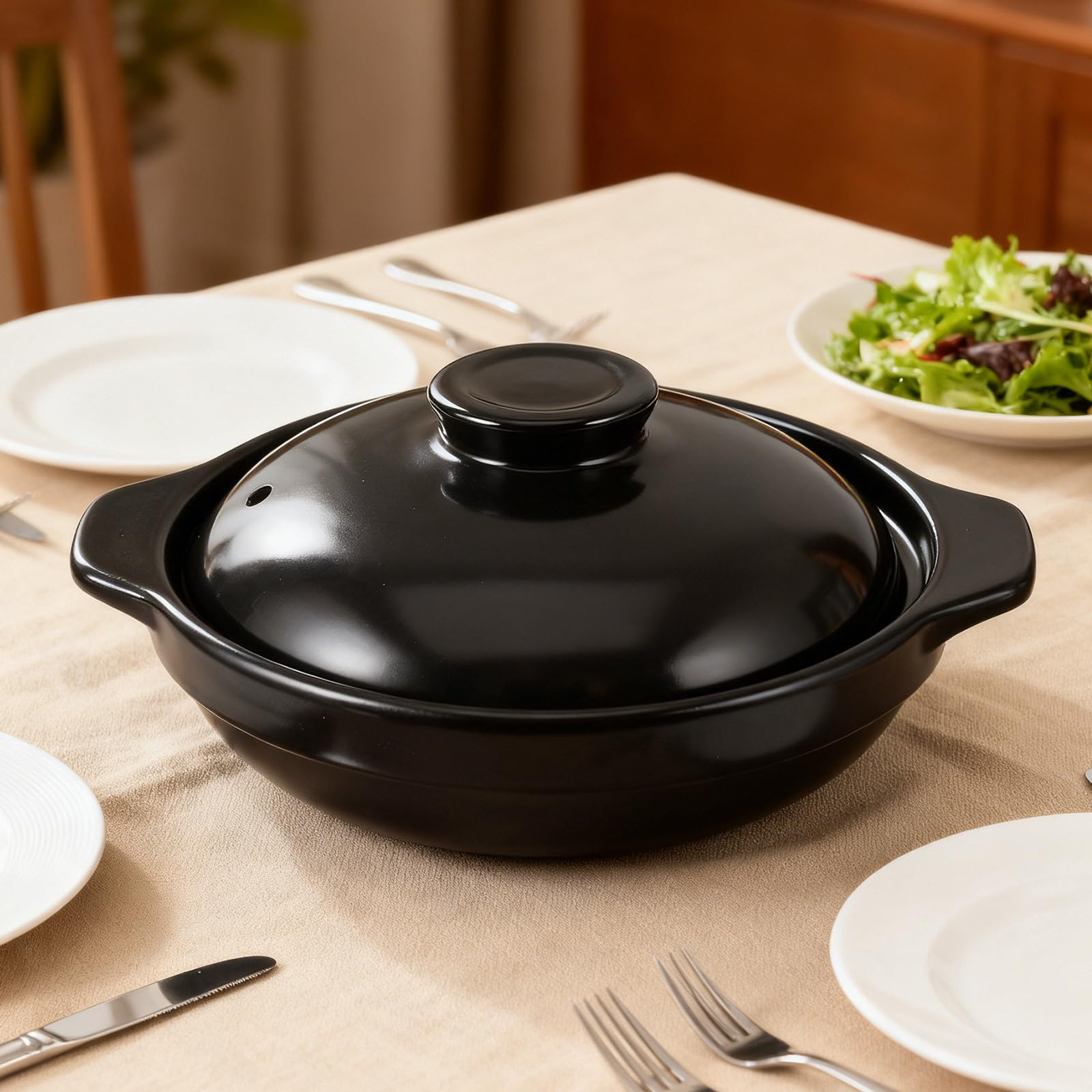 Olla de Barro de Cerámica Negra con Tapa 1, 7 L Resistente al Calor | Guisos y Sopa, Estilo Coreano Tradicional, Bloquea la Absorción de Humedad, Uso en Cocina Japonesa