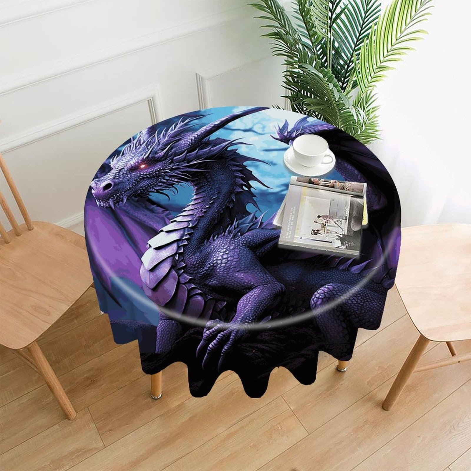 MUSM 60 Inch Purple Dragon Purple Moon Round Tablecloth Wipeable Washable Table Cover for Kitchen and Dining Room Decorative Table Cloth for Party Holiday Picnic Outdoor