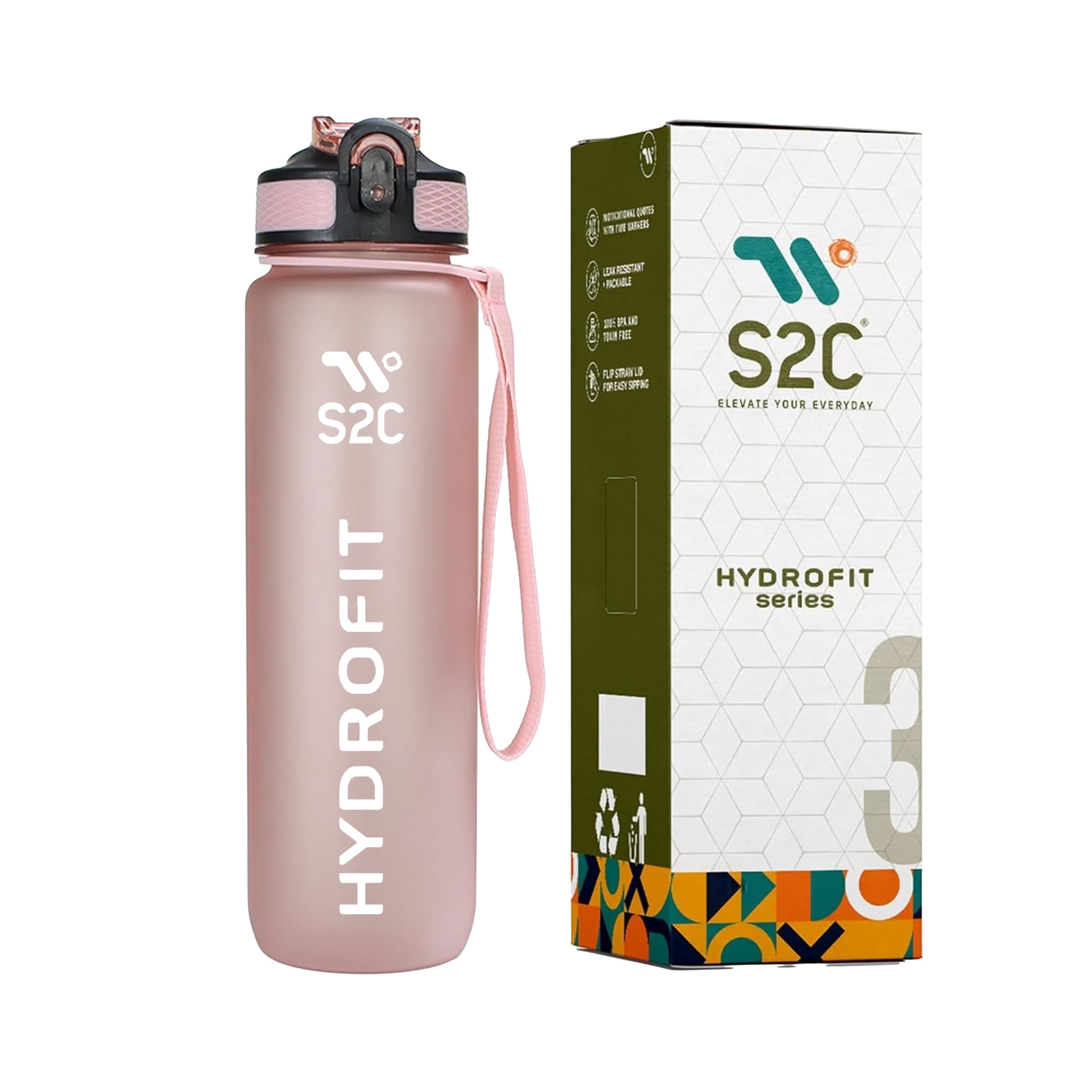 S2C -1L Motivational Water Bottle for Gym & School - Leakproof, BPA-Free, with Time Markers - Perfect for Men, Women, and Kids - Hydration Tracker, Inspirational Quotes, Durable Design (PINK)