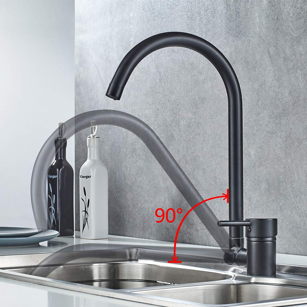 Ibergrif Grifo Cocina Fregadero Negro, Giratoria 360° y plegable 90°, Torneira Cozinha Agua Fría Y Caliente, Válvula Ahorradora, latón, para Fregadero de un Orificio, Fácil Instalación