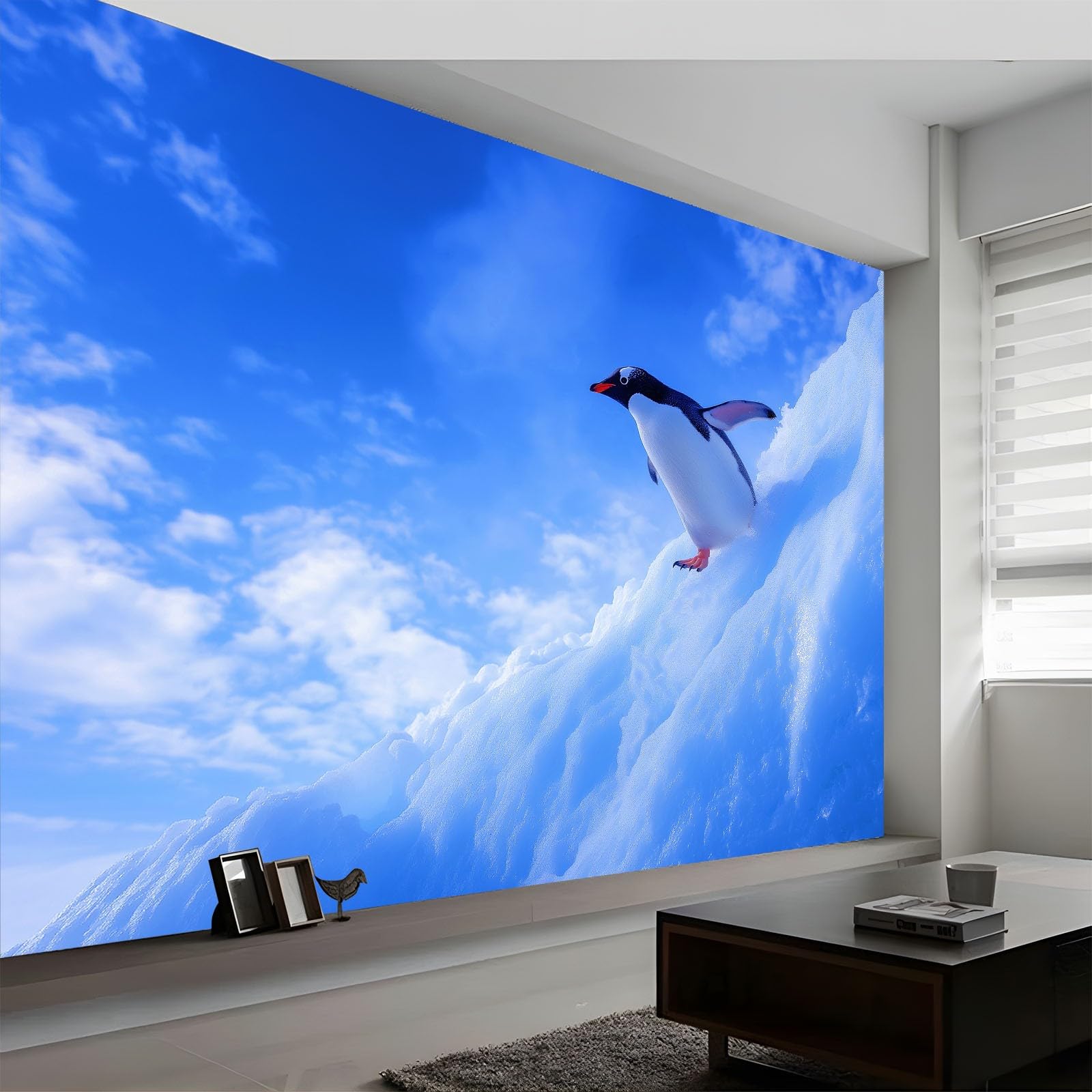 Fototapeta z efektem 3D, naturalne krajobrazy, zwierzęta, pingwiny, niebieska, tapeta 200 x 140 cm, tapeta z włókniny, nowoczesna tapeta ścienna, salon, sypialnia, pokój dziecięcy, dekoracja ścienna
