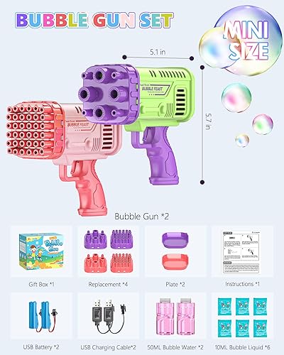 Miniatura 6 de EUOCENK Paquete de 2 mini ametralladoras de burbujas, pistola de burbujas de 36 agujeros para niños y niños pequeños a partir de 3 años, mini