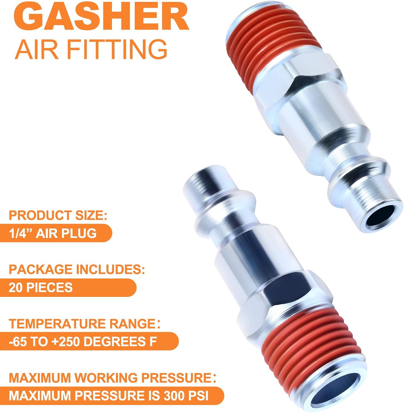GASHER 1/4-Inch NPT Male Industrial Air Plug, Pneumatic Plugs 300PSI (20-Pack) - - 