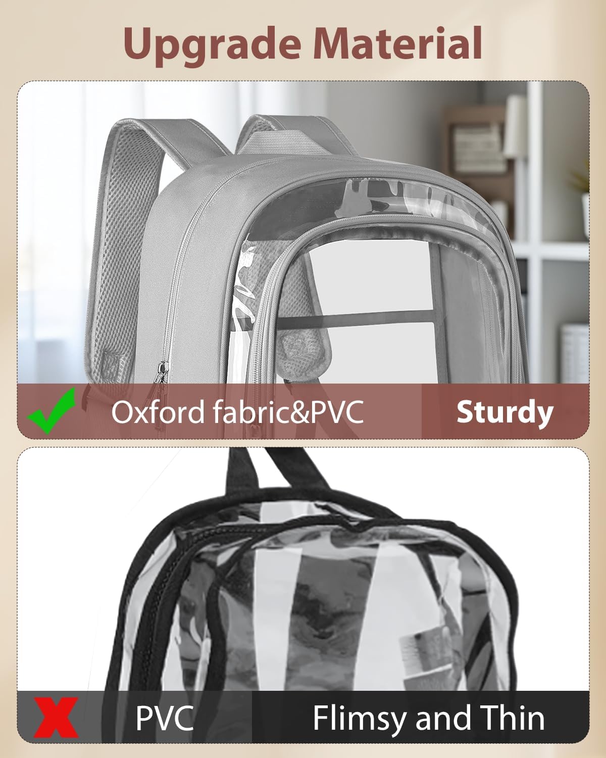 Clear Backpack, Heavy Duty Transparent Bookbag for School, Fabric & PVC Transparent Backpack with Reinforced Strap for Women Men, Capacity Clear Bag for College, Travel, X-Large Grey - Image 3