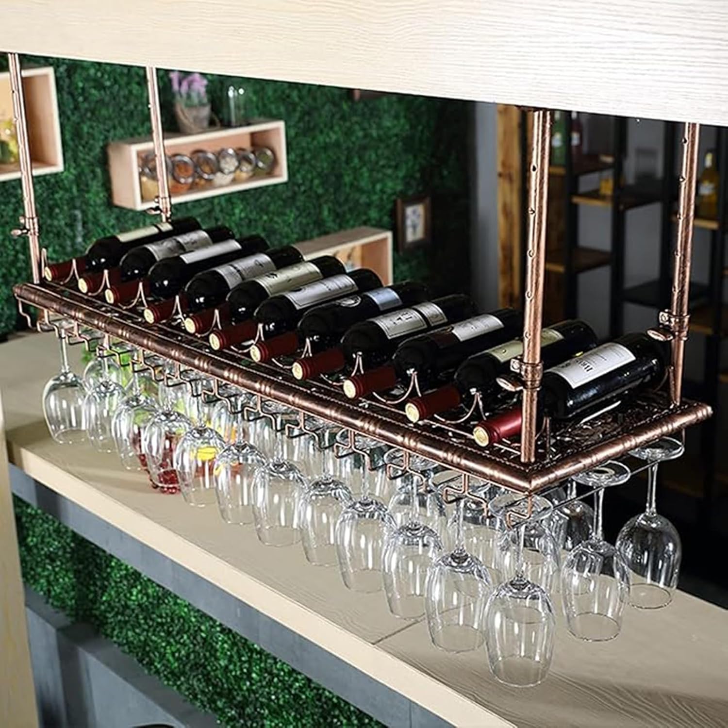 Ceiling Glass Rack - Hanging Shelf, Ceiling Wrought Iron Wine Rack, Hanging Kitchen Storage Rack, Wall Mounted Wine Glass Rack, LOFT/Bar/Restaurant Display Rack(140x35cm)