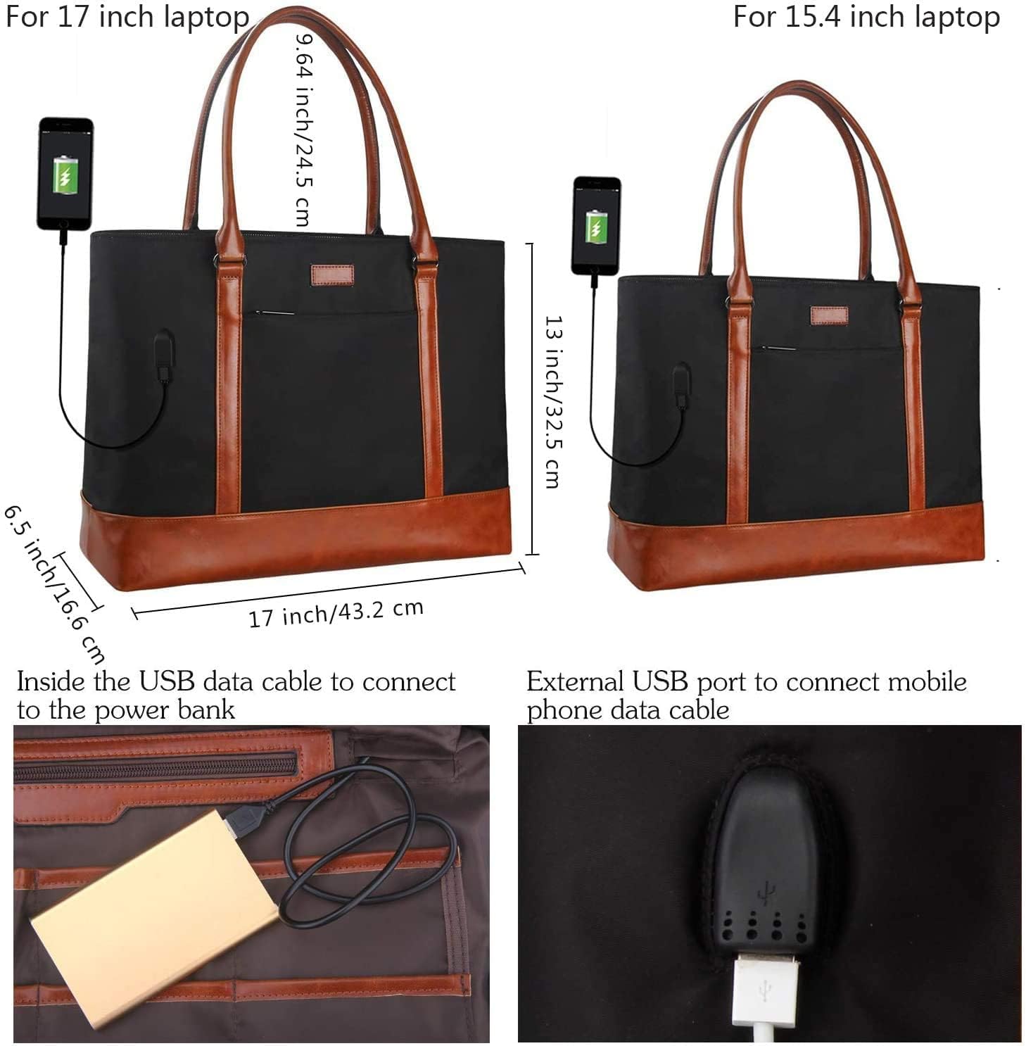 Woman Laptop Tote Bag,USB Teacher Bag Large Work Bag Purse Fits 17.3 in Laptop,Lightweight Waterproof Computer Shoulder/Messenger Bag(Ablack)