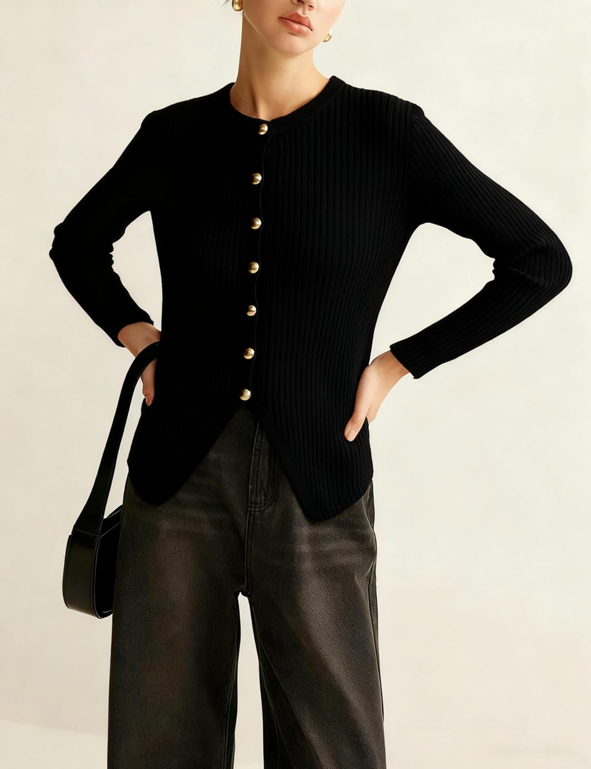 Yeokou Women's Split Cardigan Gold Button Down Cable Knit Fall Winter Sweater Knitwear - Image 2