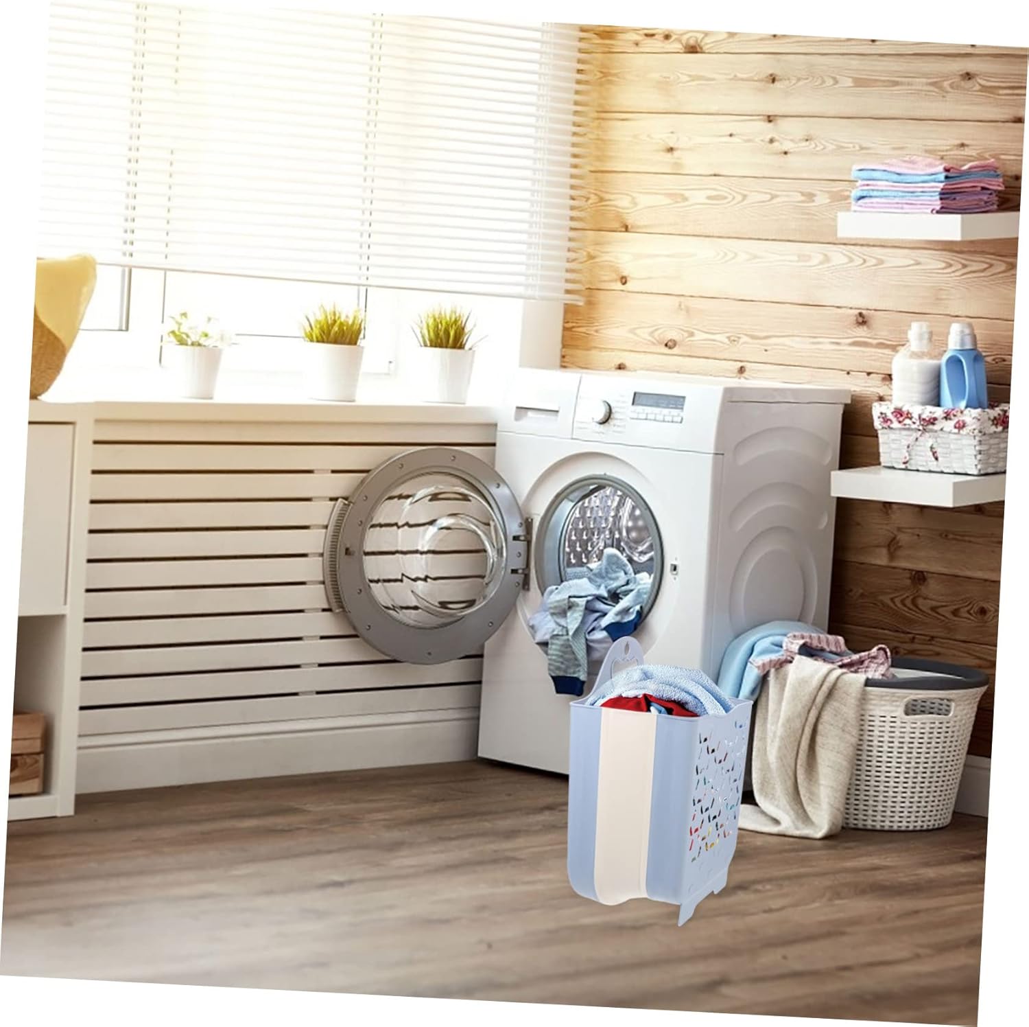 Wall Mounted Laundry Hamper with Hollow Design PP Tpe Clothes Storage Basket for Bathroom Nursery Bedroom Space Saving Medium Gray Blue Organizer