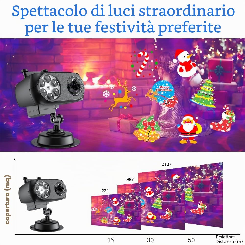 OBEST Proiettore LED Luci di Natale, 2 in 1 Esterni ed Interni Impermeabile per Halloween, Fiocchi di Neve con 10 Foglio 80 HD Motivi 10 Effetti Ondulati per Natale, Feste