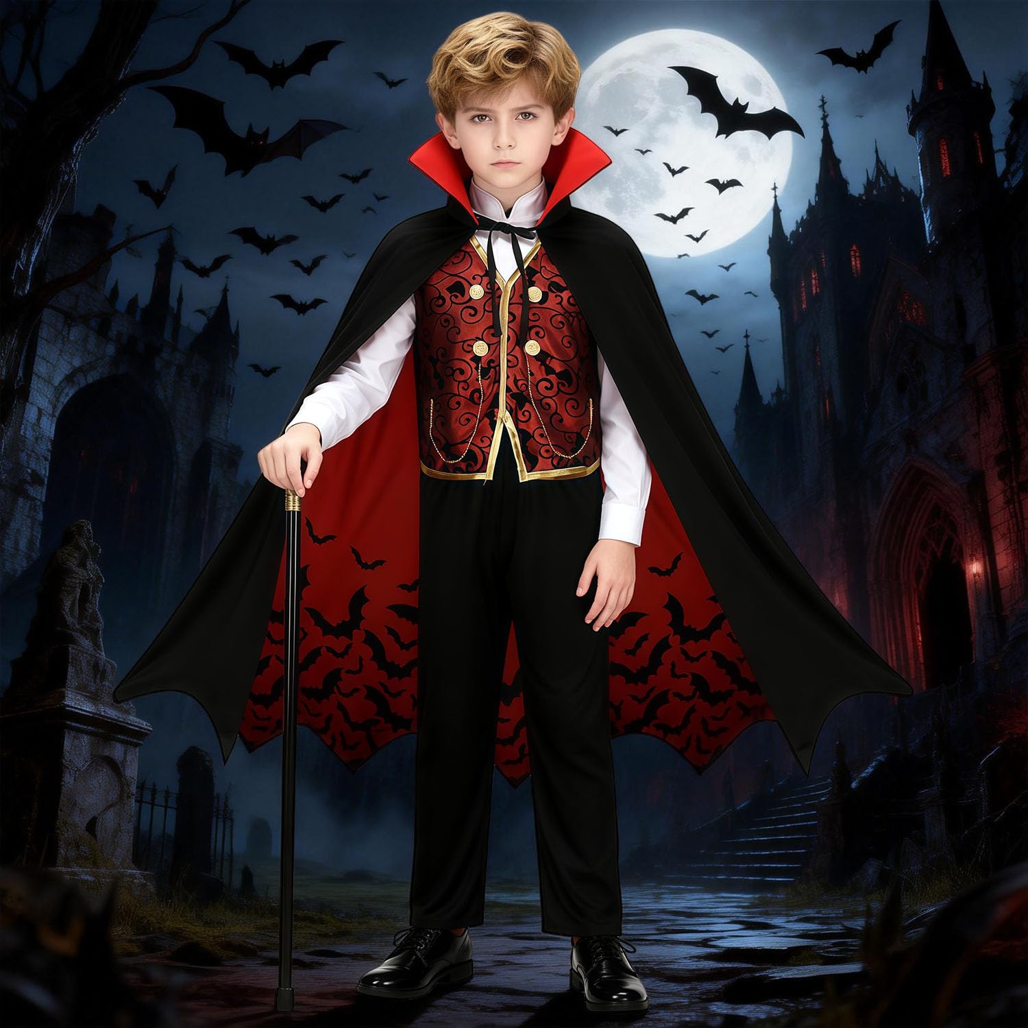 Costume de vampire pour enfant, garçon, gothique, royal, médiéval, gothique, pour carnaval, fête d'anniversaire, avec accessoires de luxe, canne de vampire, phosphorescente dans le noir,