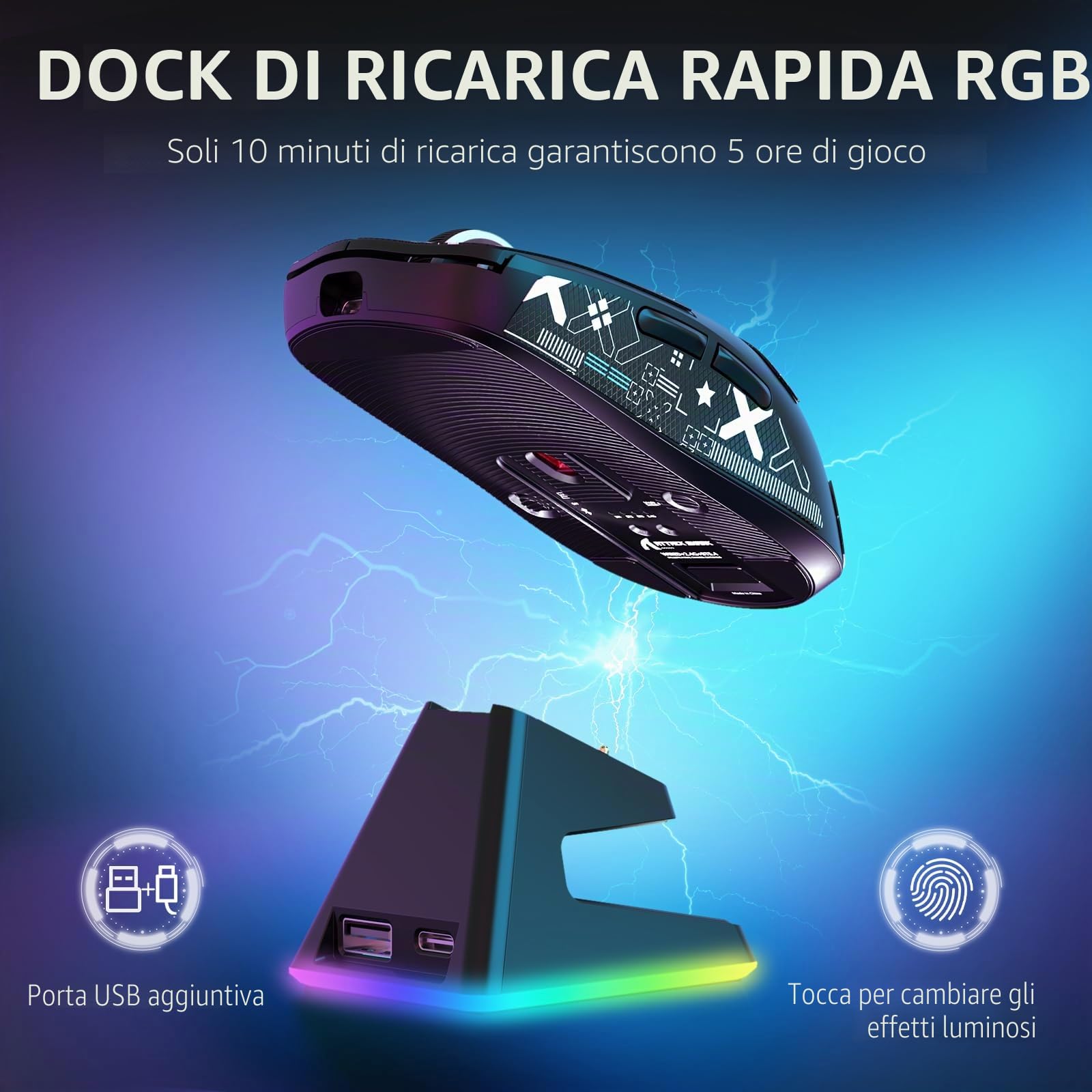 VGN GAMEPOWER ATTACK SHARK X6 SUPERLIGHT Mouse Gaming Wireless con Station di Carica, 49g Ultraleggero Mouse da Gioco G502, 26000DPI, PixArt PAW3395, 2.4G/Bluetooth/Cablato, Mouse Grip Tape, Nero