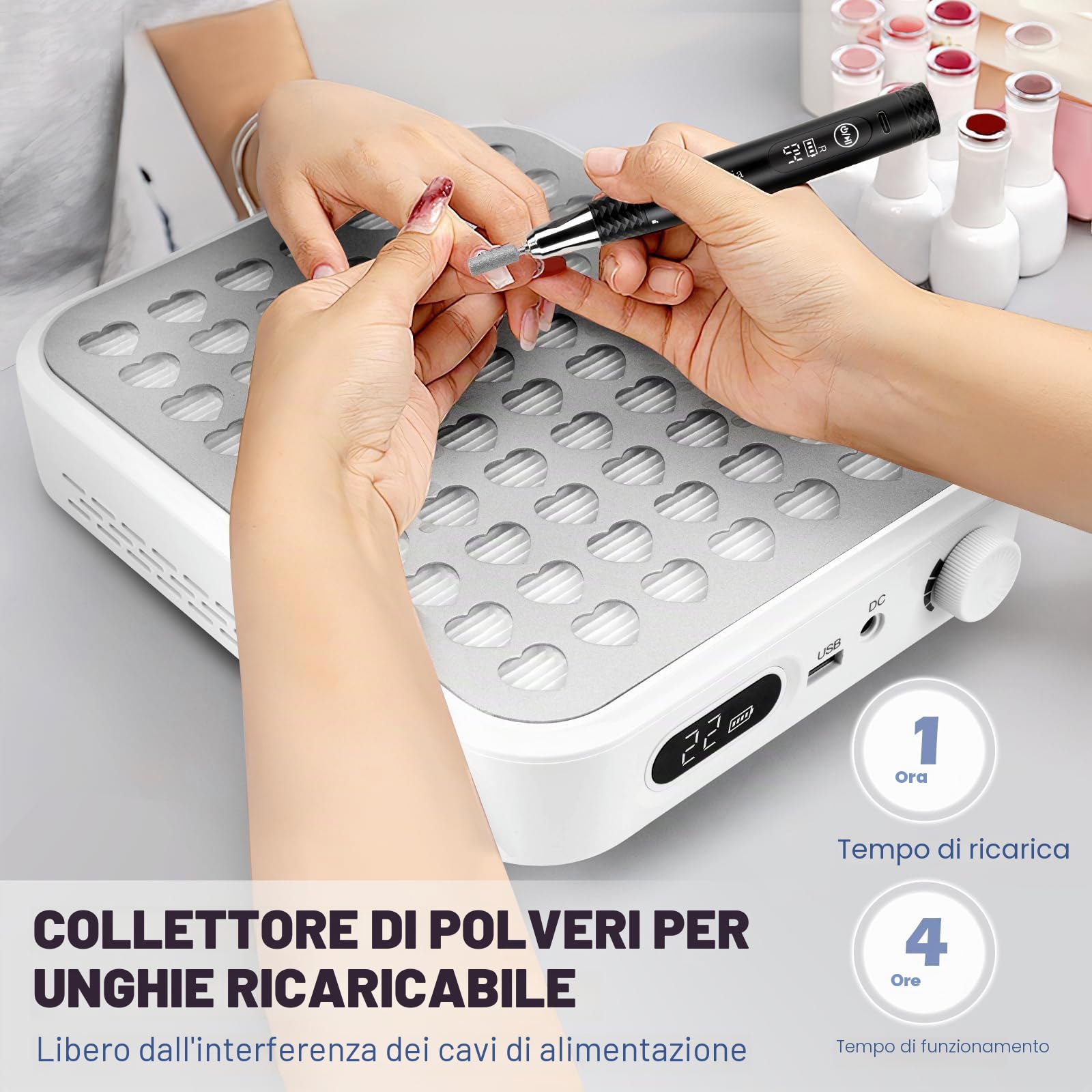 Madenia Aspiratore Ricaricabile per Unghie, 56W Aspiratore Senza Fili di Polvere per Unghie con 2 Filtri e 1 Spazzola, Professionale Collettore di Polveri per Unghie Gel Acrilico, Bianco
