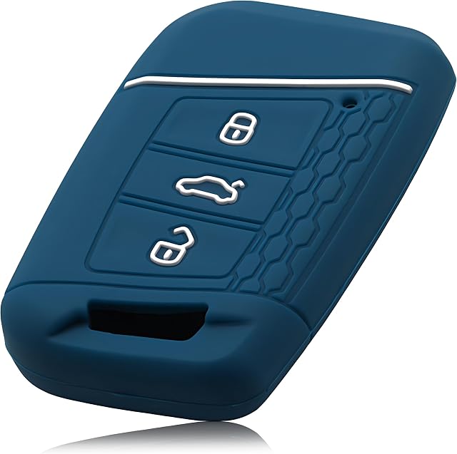 FoilsAndMore etui kompatybilne z VW Passat B8 (Keyless-Go), 3 przyciski, Skoda  silikonowe etui ochronne, etui na klucze, niebiesko-białe