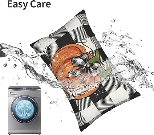 Miniatura 102 de Juego de 2 fundas de almohada de otoño de 18 x 18 pulgadas, hojas de arce de calabaza y búfalo a cuadros, decoración de otoño, de lino, Acción