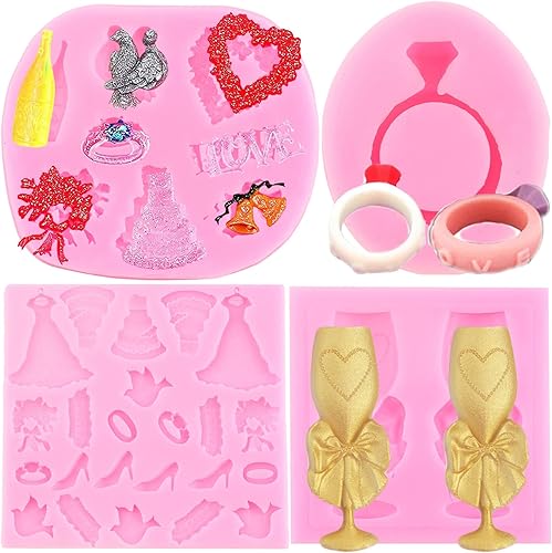Miniatura 1 de Mujiang Juego de 4 moldes de silicona para boda, aniversario, compromiso, anillo de copa de vino, para vestido de boda, para decoración de pasteles,