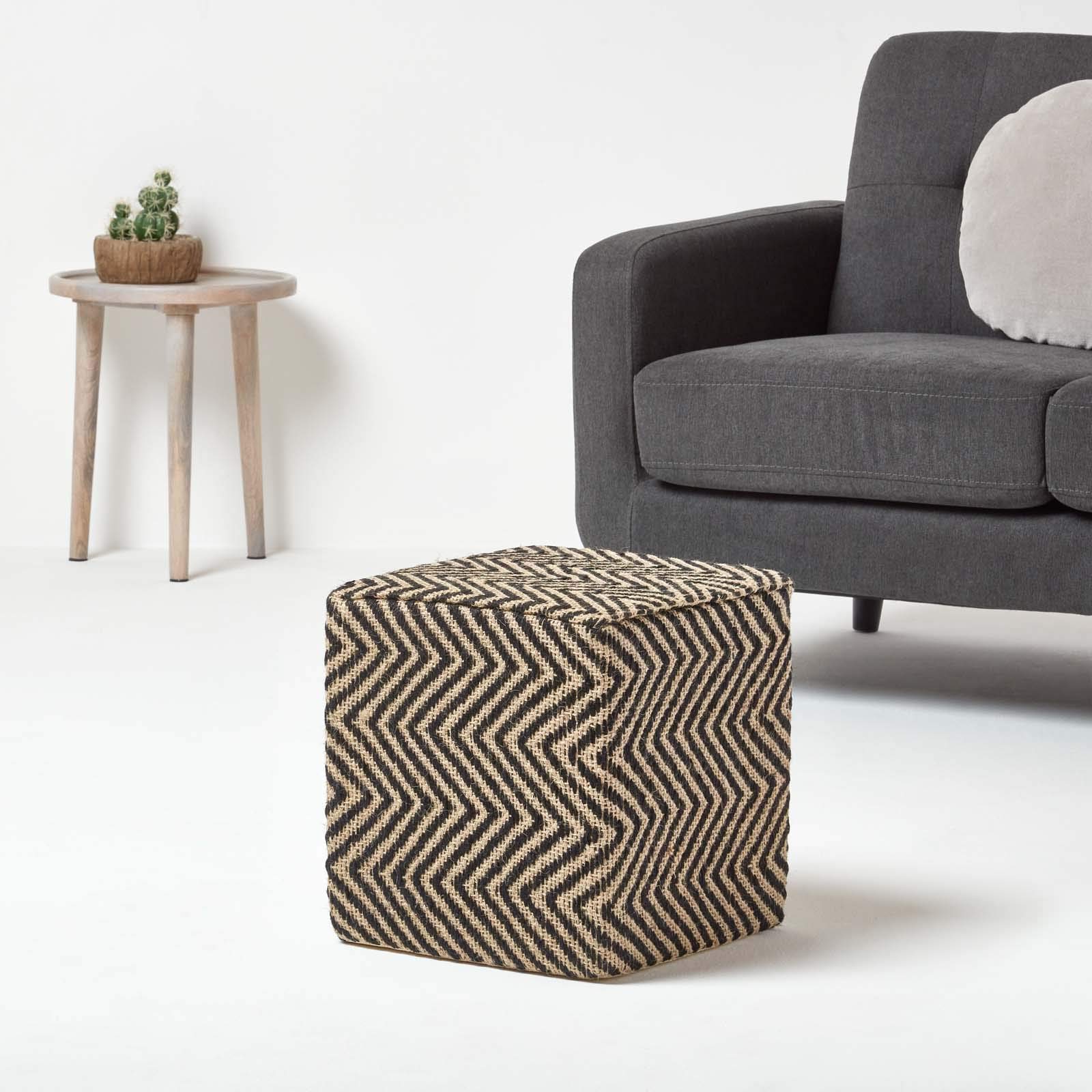 HOMESCAPES Pouf carré en Jute à Motifs Losanges Noir et crème 36 x 36 x 38 cm