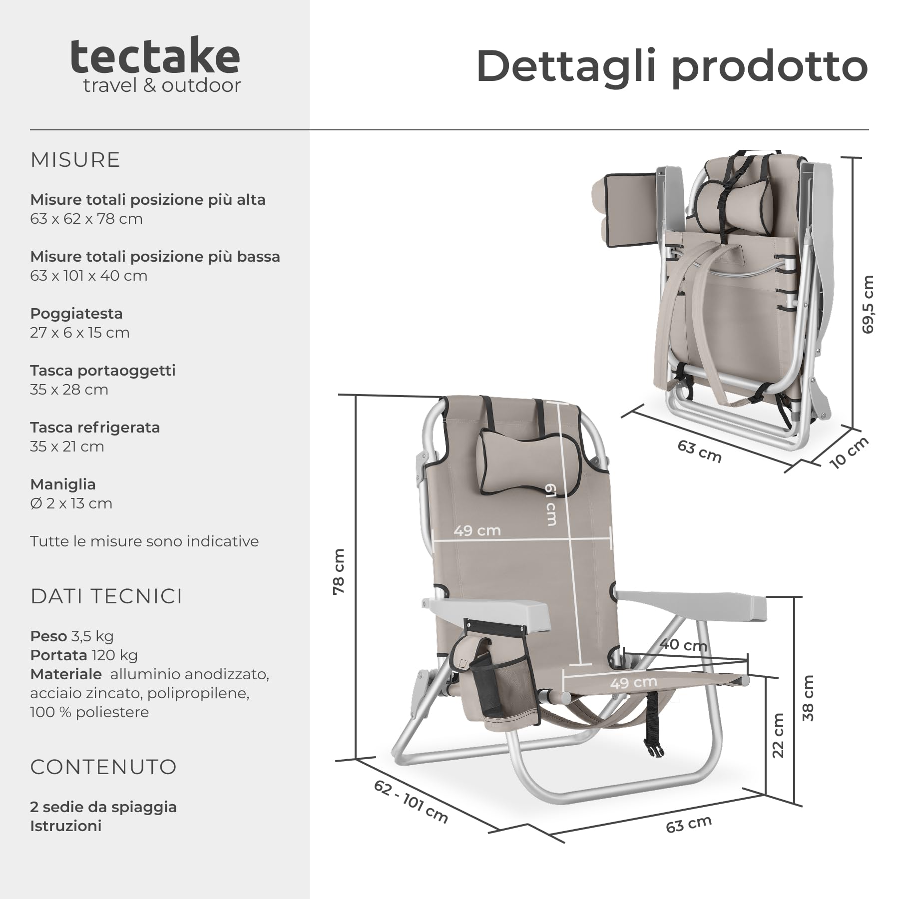 tectake® 2 Sedia da Spiaggia, Spiaggina Pieghevole Funzione Zaino, Sedie da Giardino, Telaio Alluminio, Sdraio Da Spiaggia, Schienale Regolabile, Sdraio pieghevole, Borsa Termica, Sedia Mare - Beige