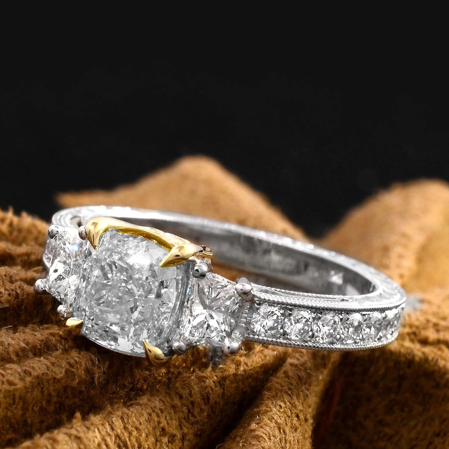 Bridal Set 3 CT 3 Stones Cushion Cut Moissanite Engagement Rings for Women Platinum Plated Silver