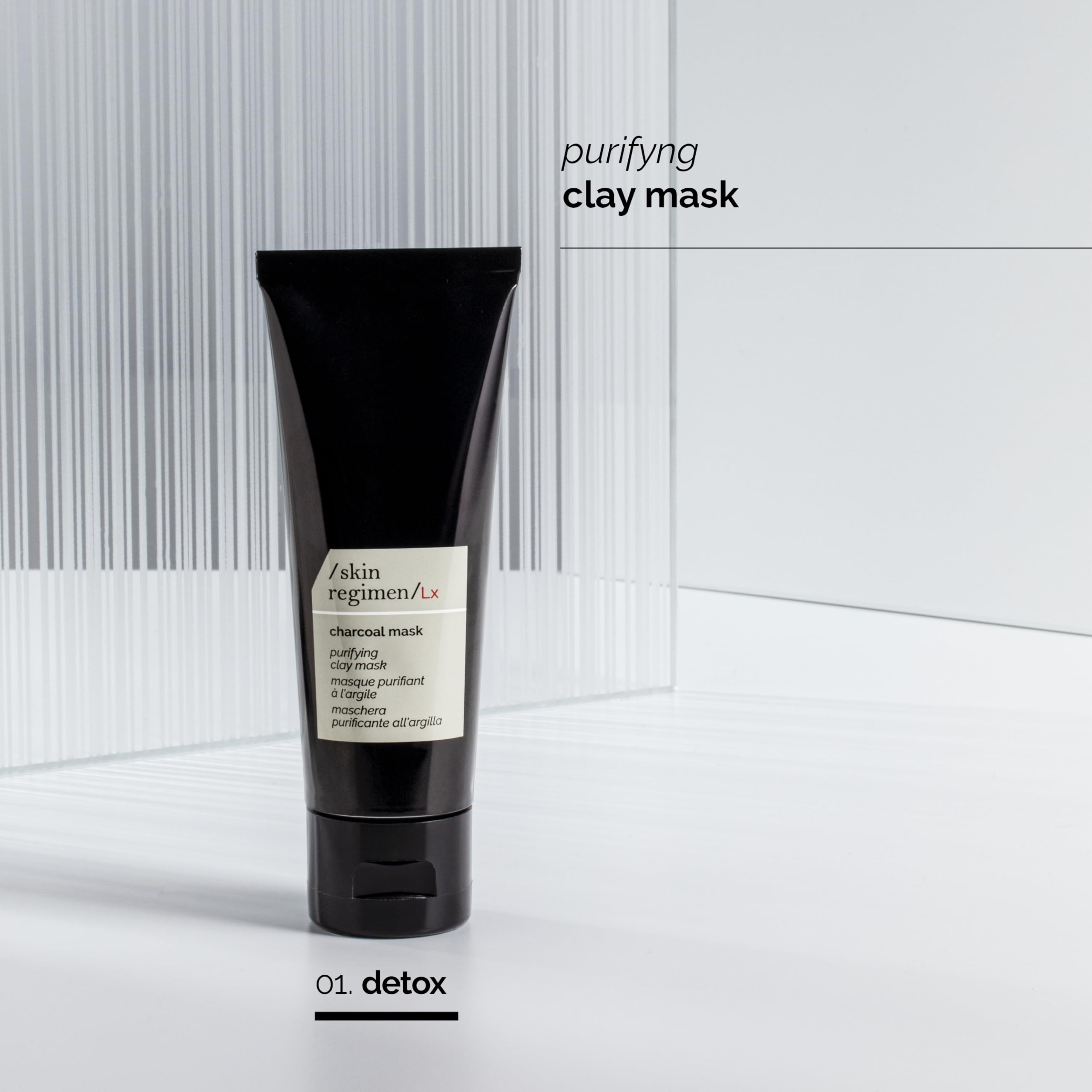 /skin regimen/Lx Charcoal Mask, Purifying Clay Mask, Detoxifies, Absorbs Impurities, Minimizes Pores, Longevity Complex™, Bamboo Charcoal, Clean Beauty, Vegan, Oily Skin, Italy, 2.54 Fl Oz