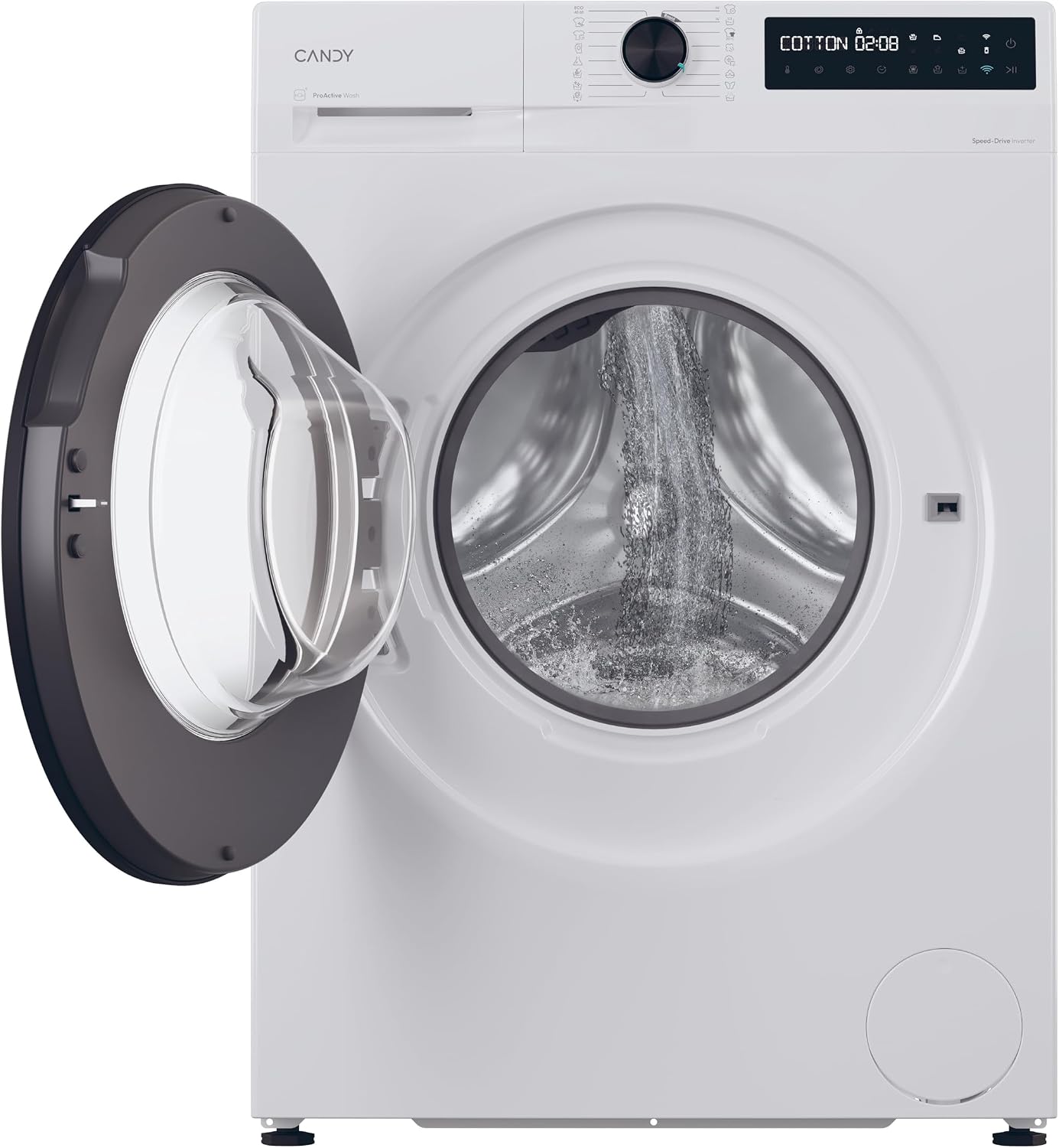 Open porthole of the Candy ProWash 500 washing machine, showing the drum ready for laundry.