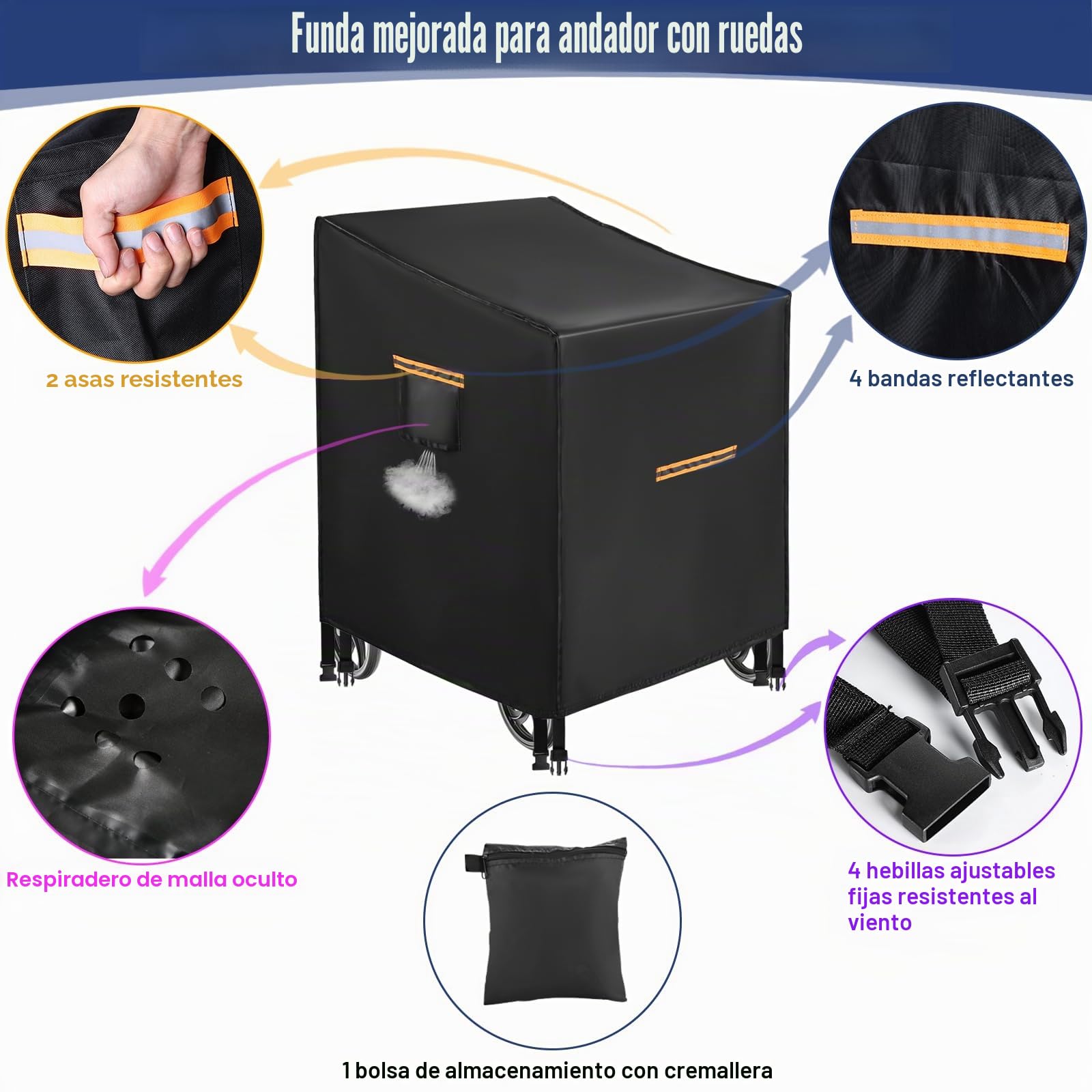 Funda protectora universal para andador de andador 420D, resistente al agua, con 4 bandas reflectantes, 4 hebillas, ranuras de ventilación