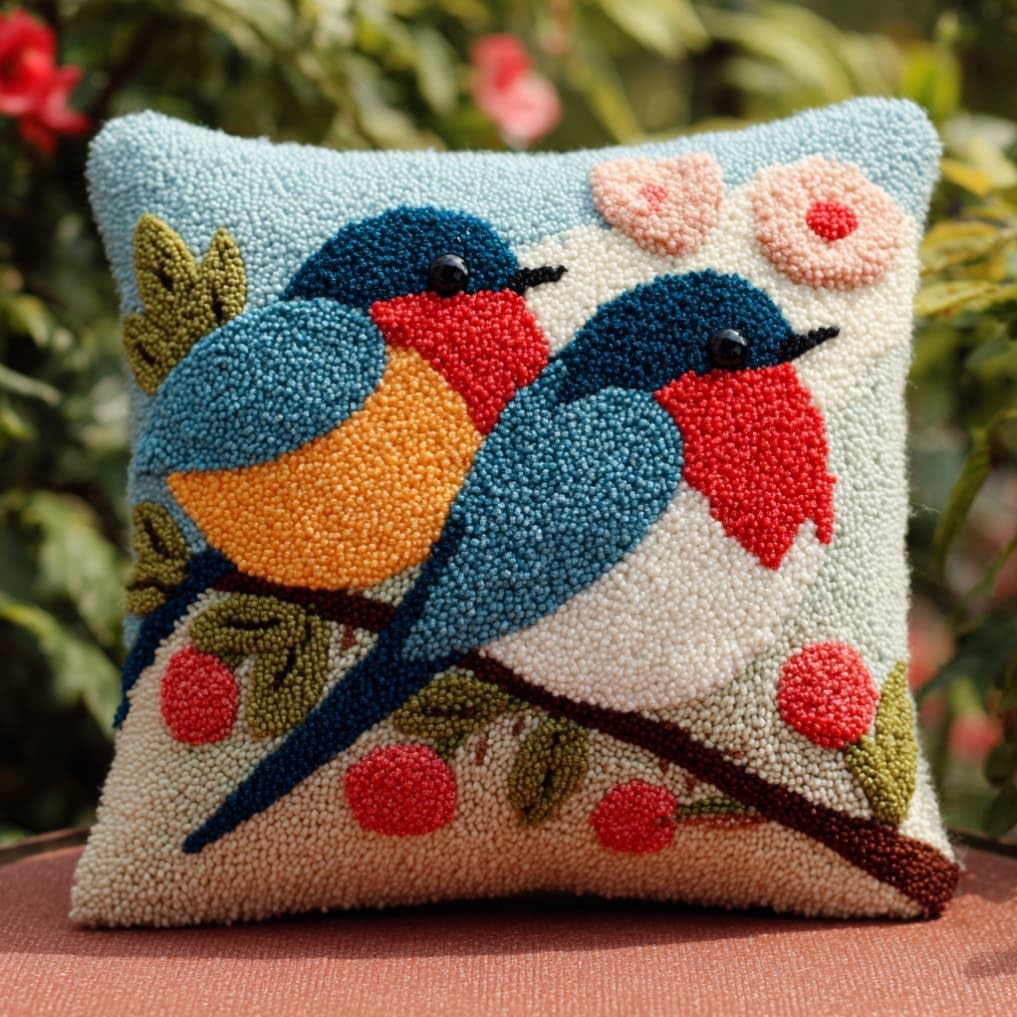 Taxpy DIY Latch Hook Pillow Kit Pre-Printed Hook and Latch Rug Kits Bird 17X17 Inch.Cross-Stitch Embroidery Cushion Cover for Home Sofa Decoration