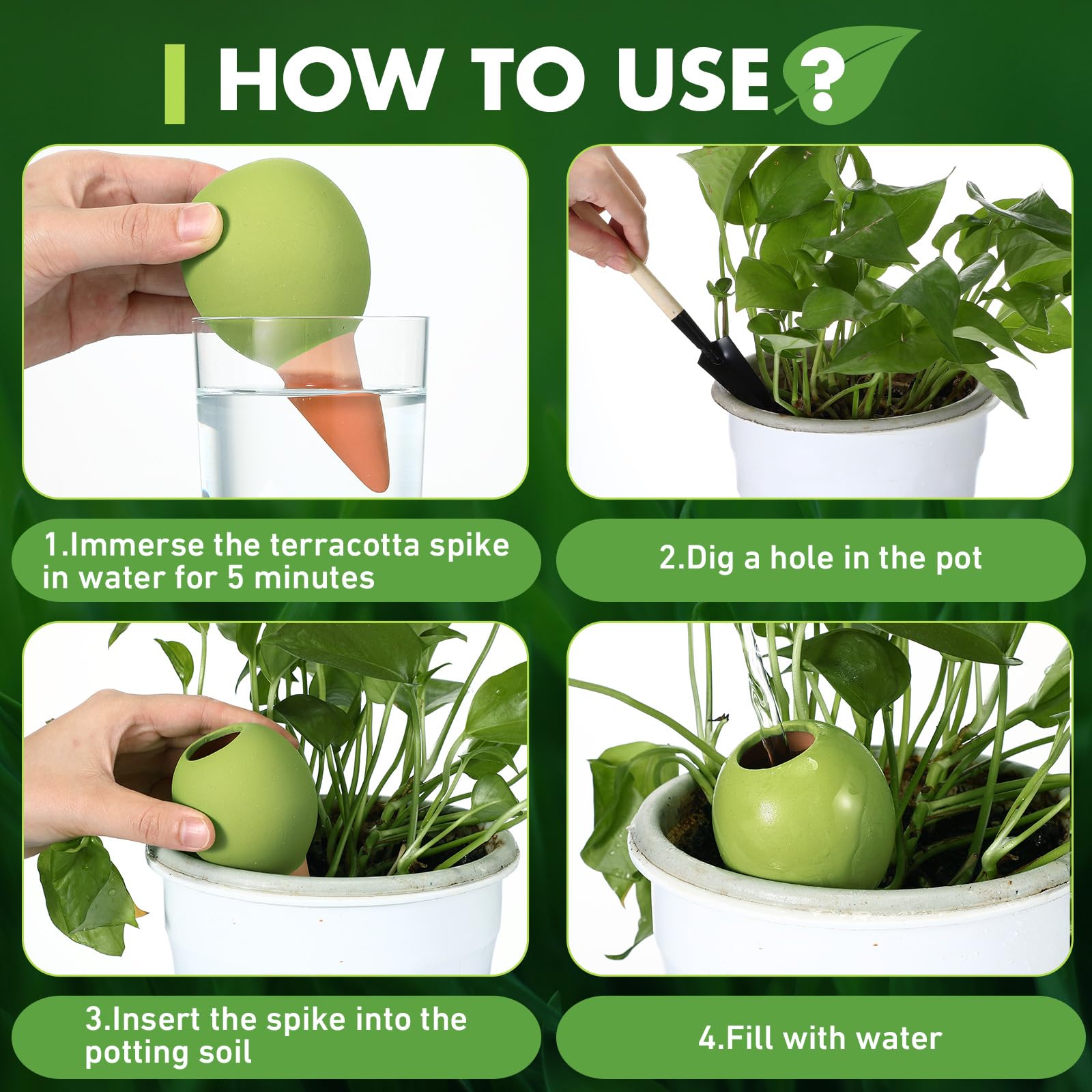 Blulu 8 Cônes d'argile d'Irrigation Boules d'Arrosage en Terre Cuite Dispositifs d'Arrosage Automatiques en Céramique pour Plante d'Intérieur en Pot Boîte de Balcon Distributeur d'eau (Vert)
