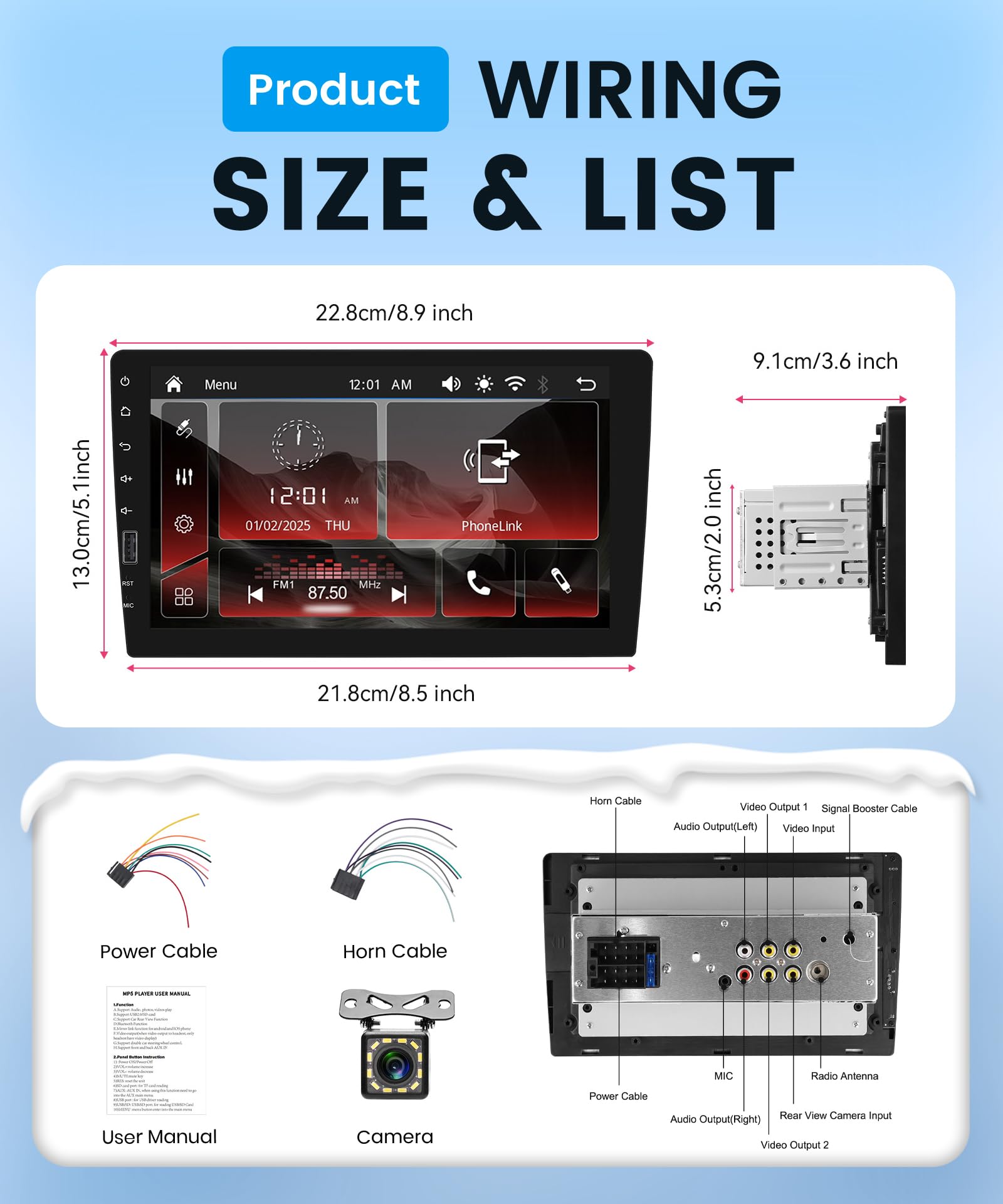 Inalámbrico Carplay Radio de Coche 1 DIN con You-Tube Android Auto, 9 Pulgadas Pantalla Táctil Radio Coche con Mirror Link Bluetooth FM/Am/RDS Radio USB/EQ/AUX Control del Volante Cámara Trasera