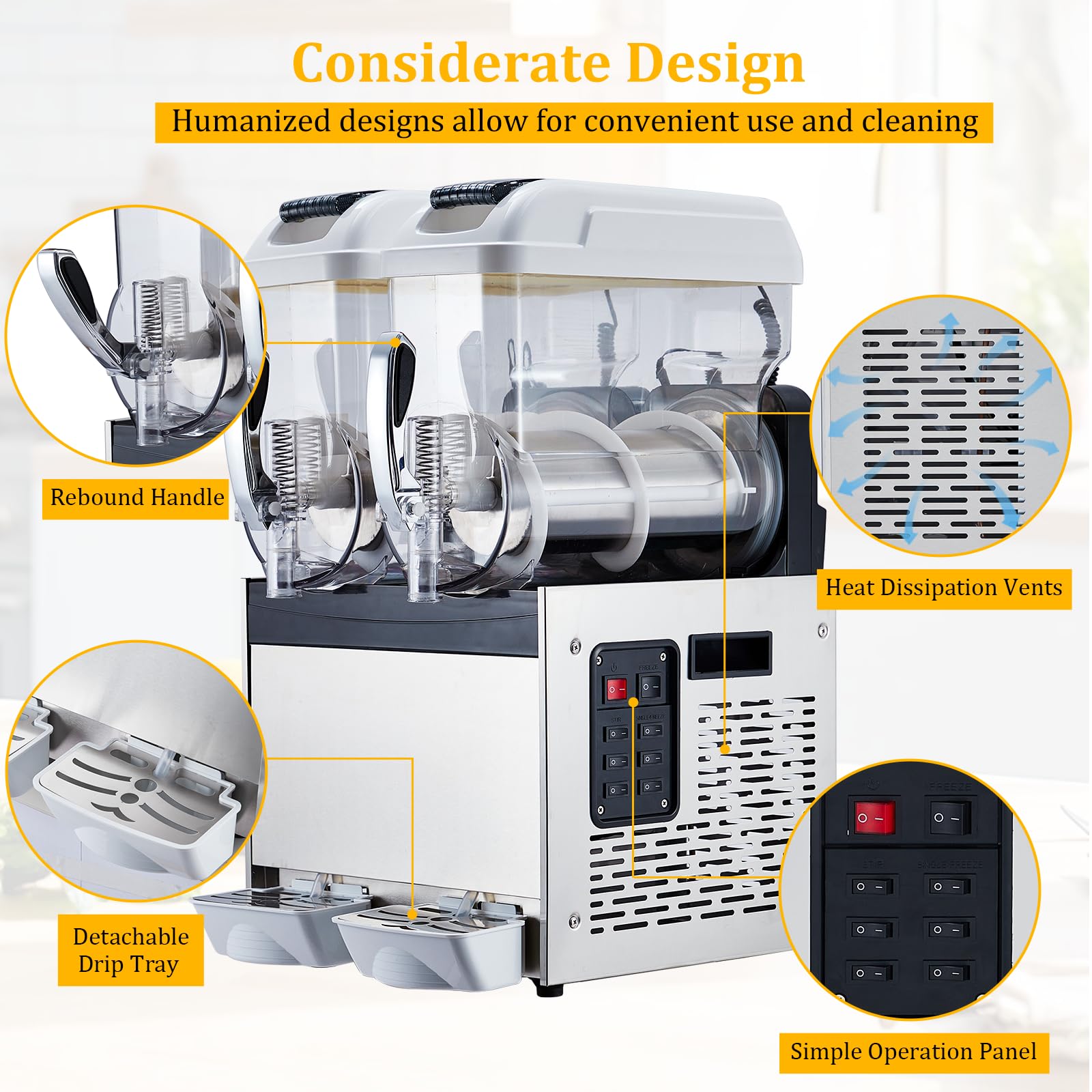Máquina de granizado comercial blanca – Tanque de 15 Lx3, 860 W de potencia, conservación de temperatura, ideal para margaritas, batidos y bebidas congeladas, perfecta para restaurantes y 7