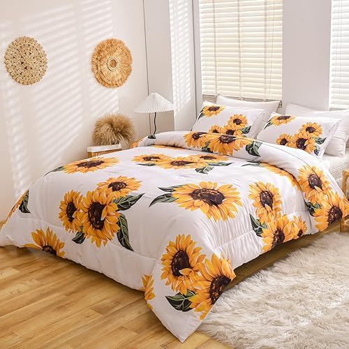 Miniatura 2 de NTBED Juego de edredón de girasoles tamaño Queen, edredón de microfibra de 3 piezas con estampado botánico amarillo floral para niñas y adolescentes
