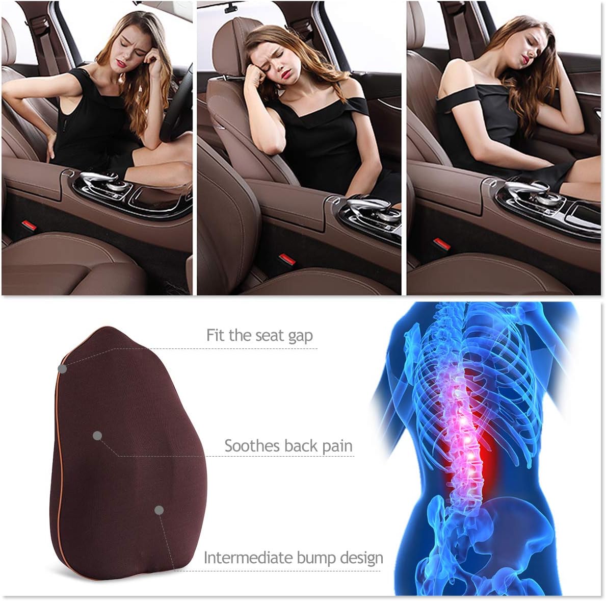 Ergocar Lumbar Cushion with Memory Foam Prevent and Relieve Upper & Lower Back Pain Support for Car, Home,Office Chair, 1 Pack(Brown)
